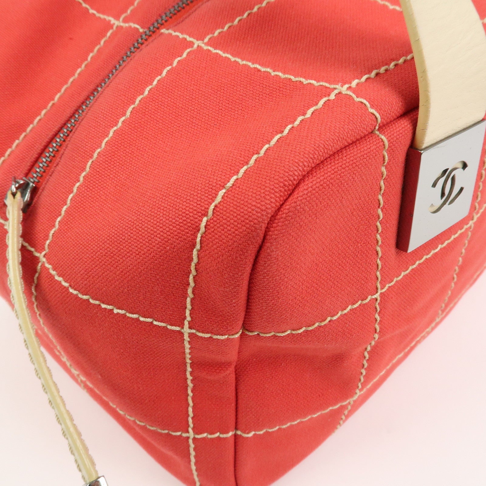 CHANEL Chocolate Bar COCO Mark Canvas Leather Hand Bag Red