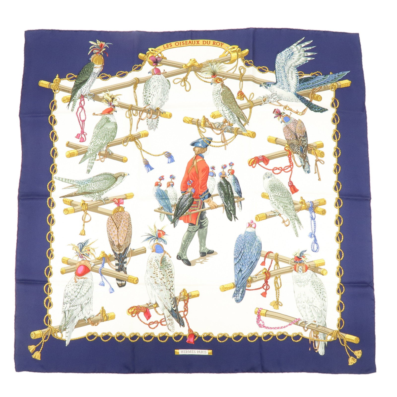 HERMES Carre 90 Silk 100% Scarf LES OISEAUX DU ROY Bird Print Navy