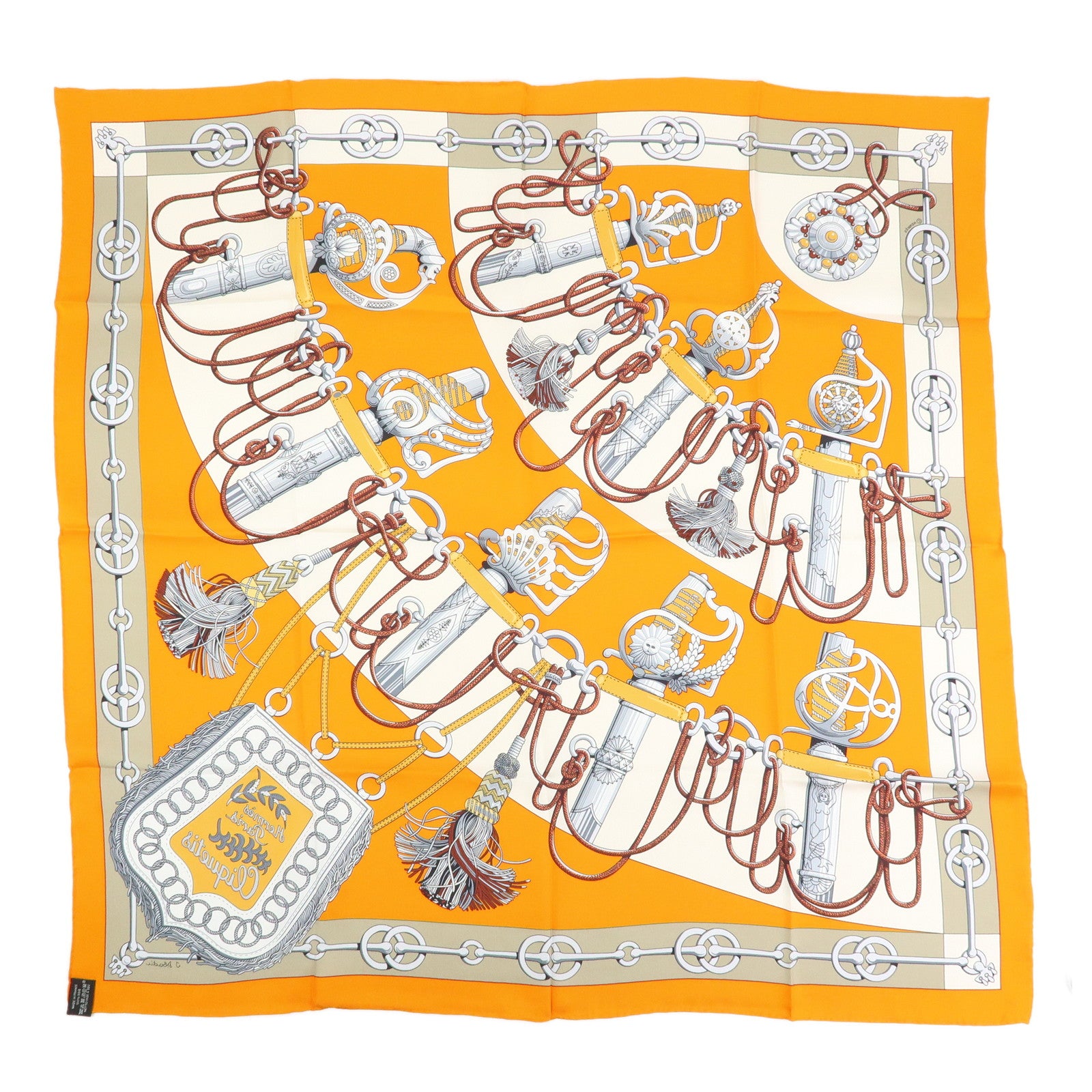 HERMES Carre 90 Silk 100% Scarf Cliquetis Orange Gray