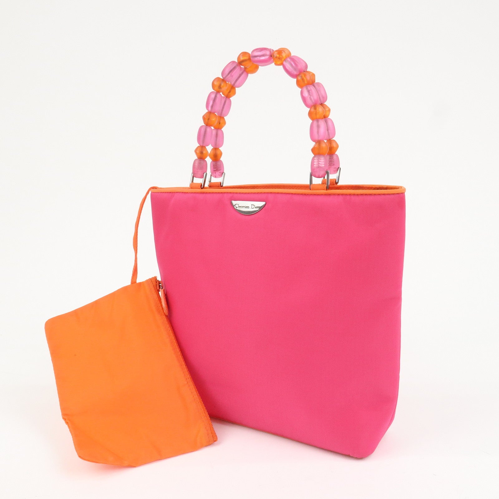 Christian Dior Malice Pearl Logo Nylon Hand Bag Pink Orange