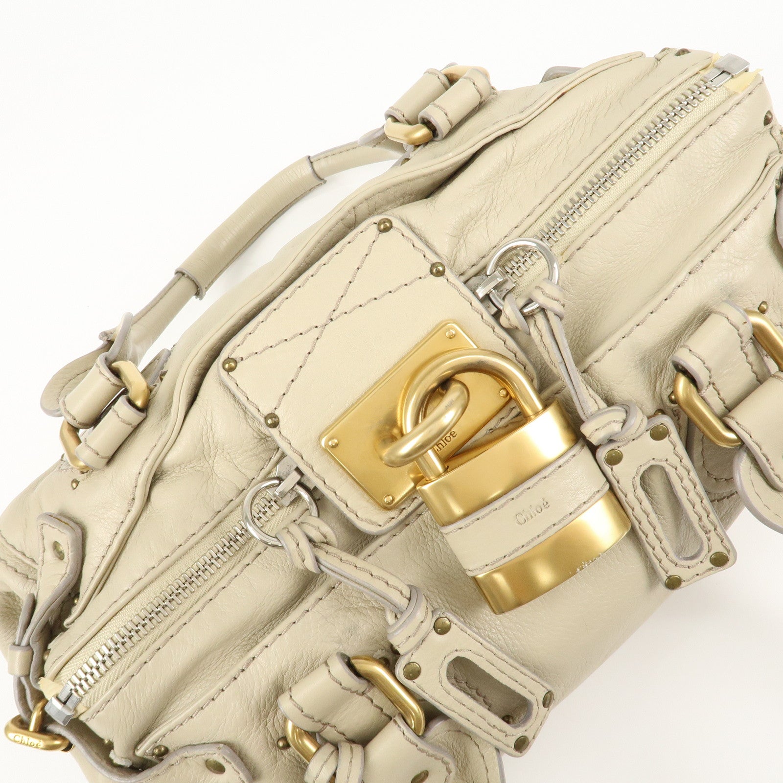 Chloe Paddington Leather Medium Hand Bag Shoulder Bag Beige Used