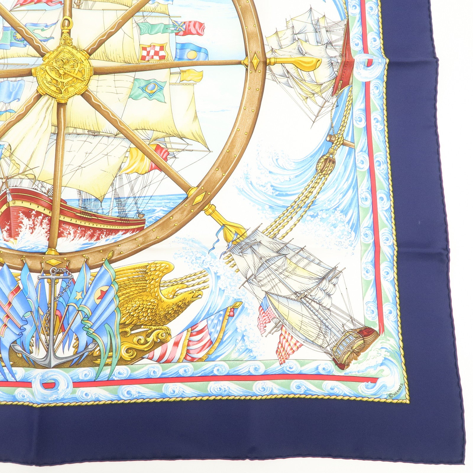HERMES Carre 90 Silk 100% Scarf Vive Le Vent Blue Navy White Used