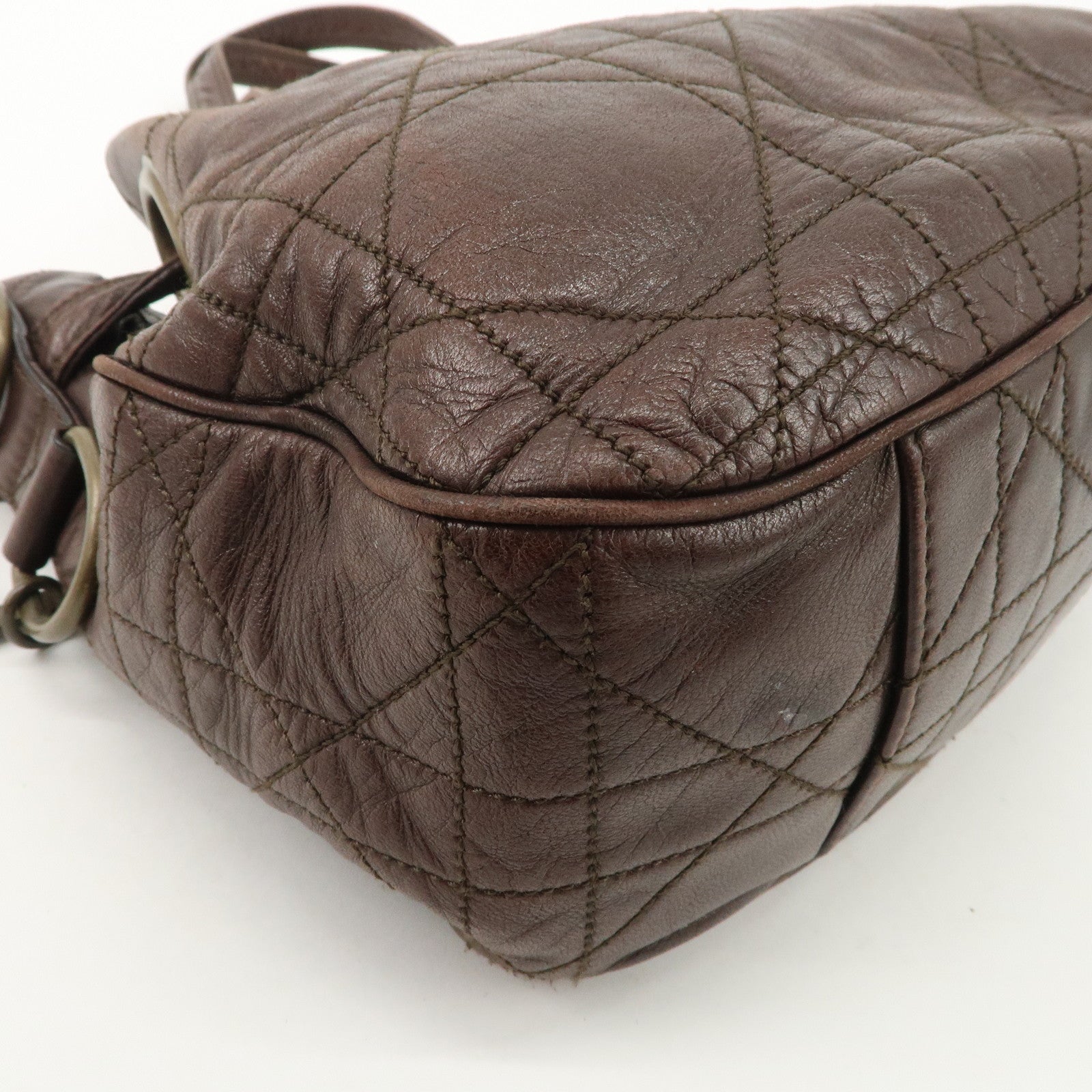 Christian Dior Canage Leather Shoulder Bag Dark Brown Gold Hardware Used