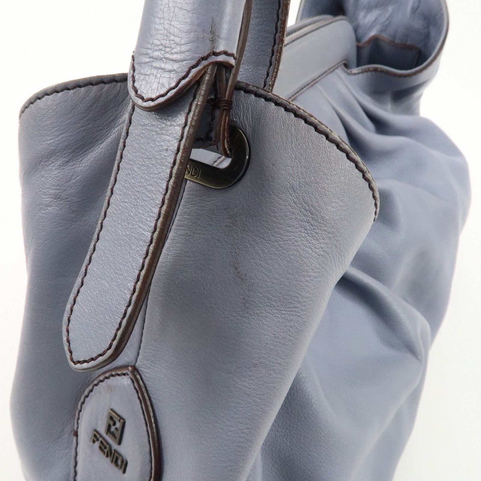 FENDI Leather Shoulder Bag Hand Bag Blue Gold HDW Used