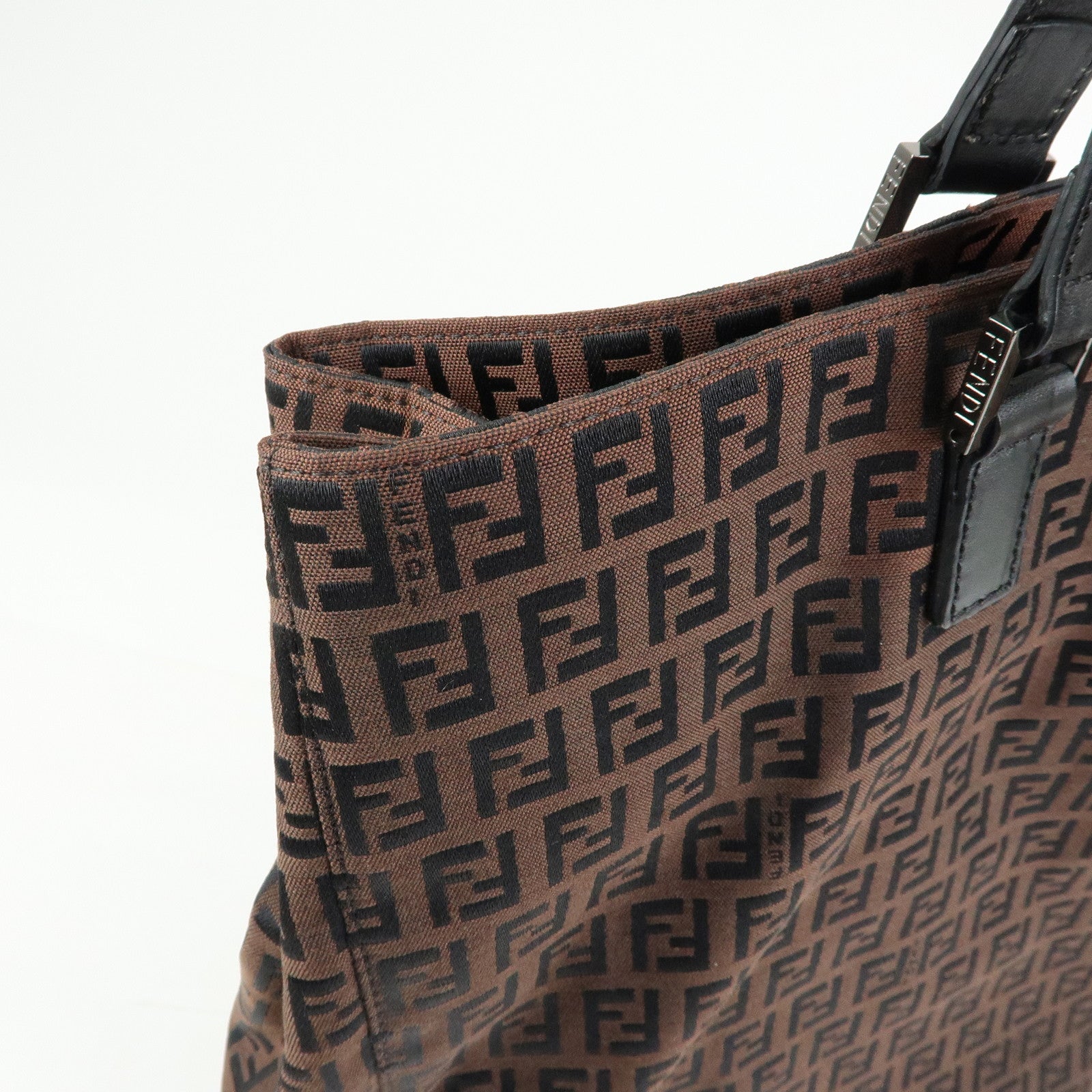 FENDI Zucchino Canvas Leather Tote Bag Hand Bag Brown Black