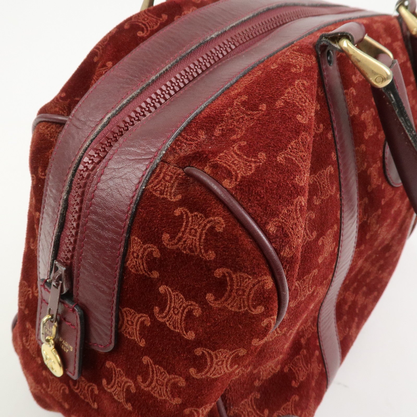 CELINE Macadam Logo Suede Leather Boston Bag Hand Bag Red Brown