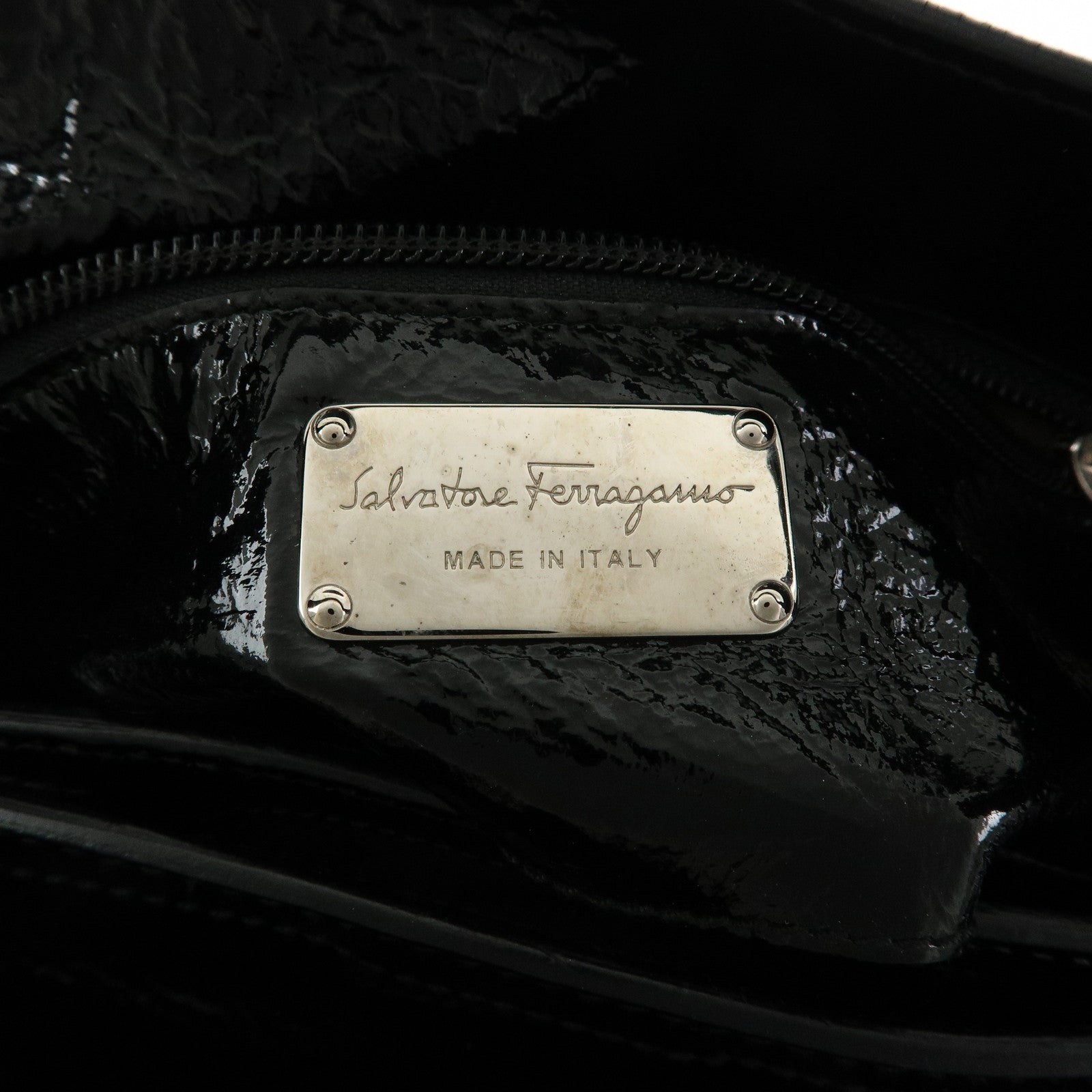 Ferragamo Gancini Patent Leather Hand Bag Shoulder Bag Black