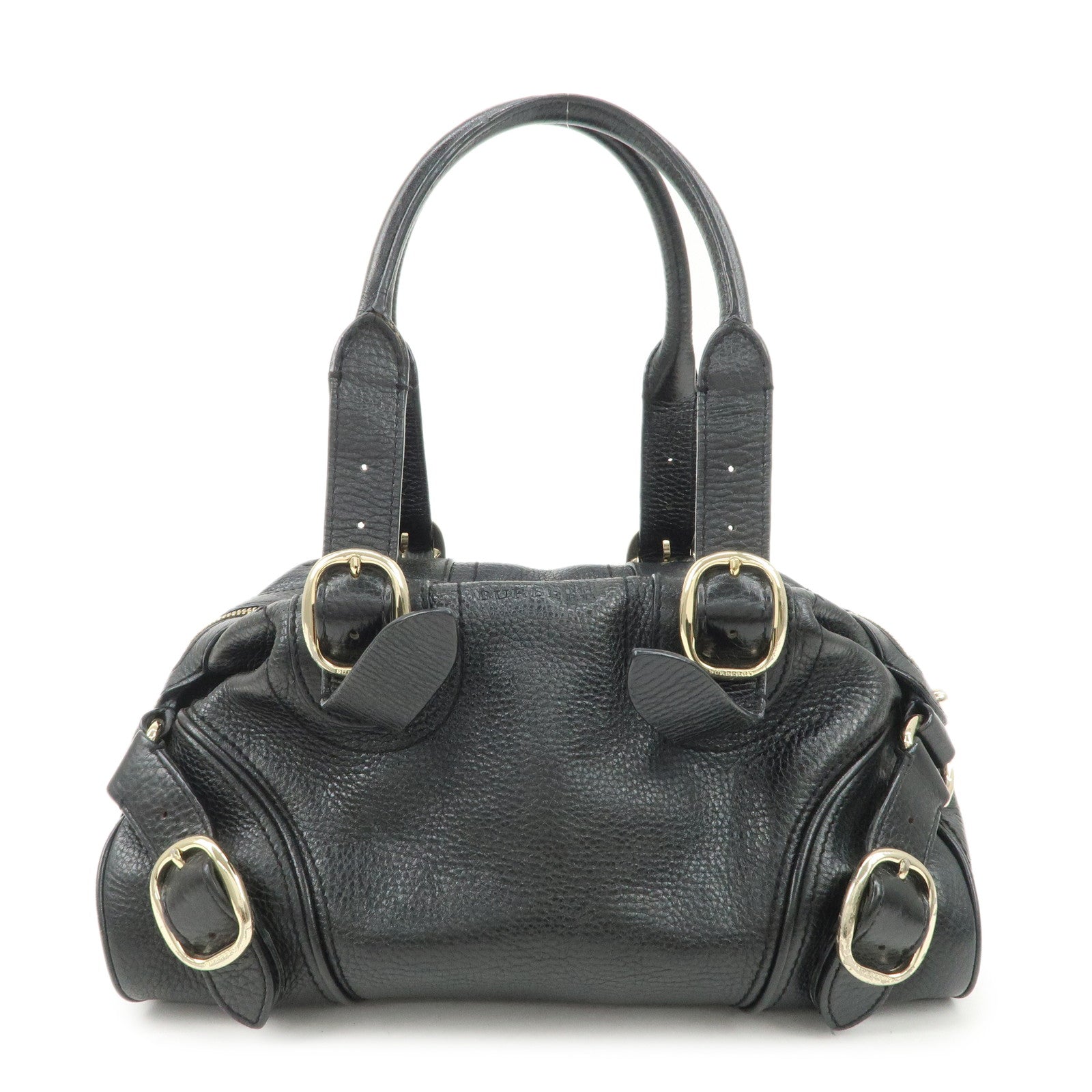 BURBERRY Leather Boston Bag Hand Bag Black Silver HDW