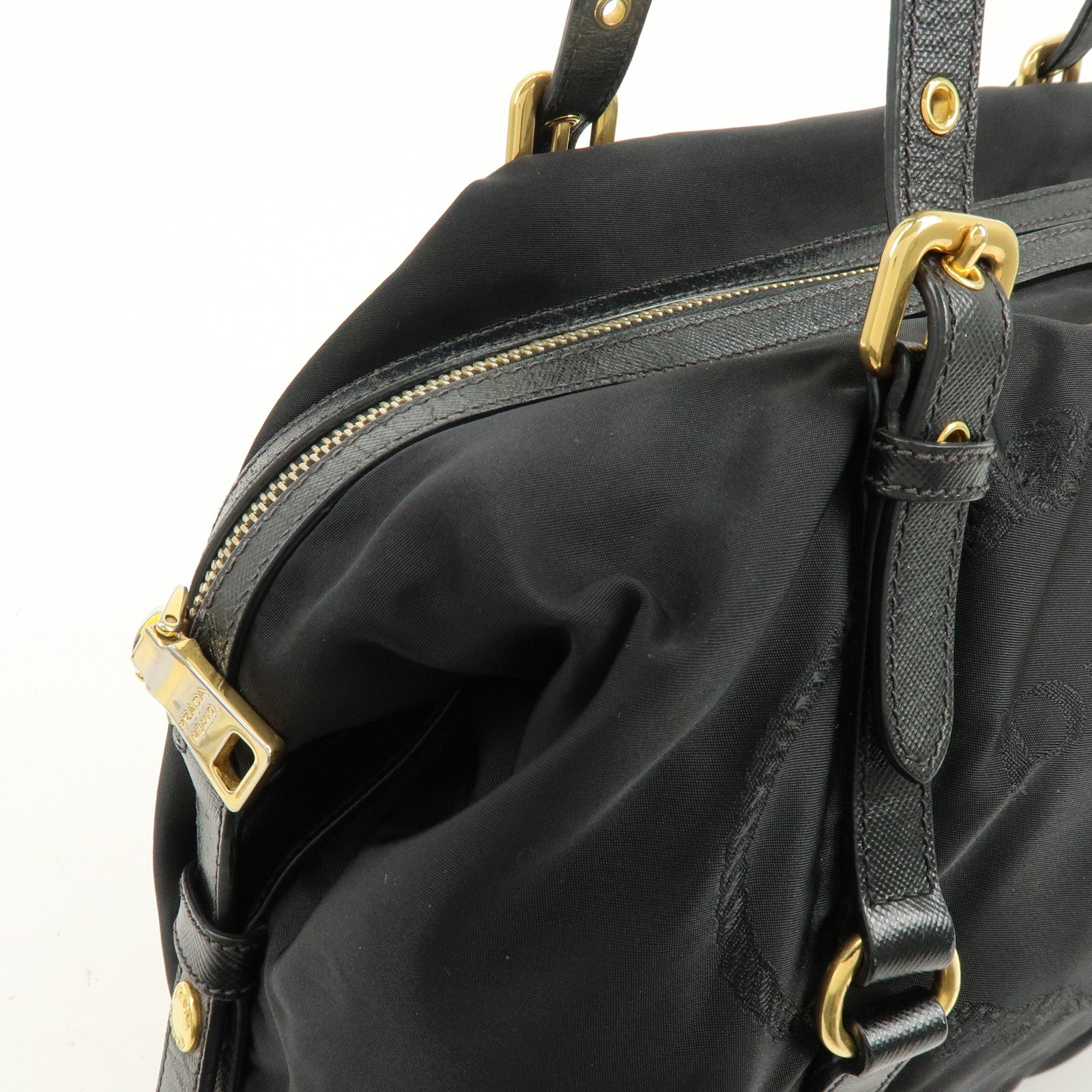 PRADA Logo Nylon Leather Boston Bag Shoulder Bag Black BL0600