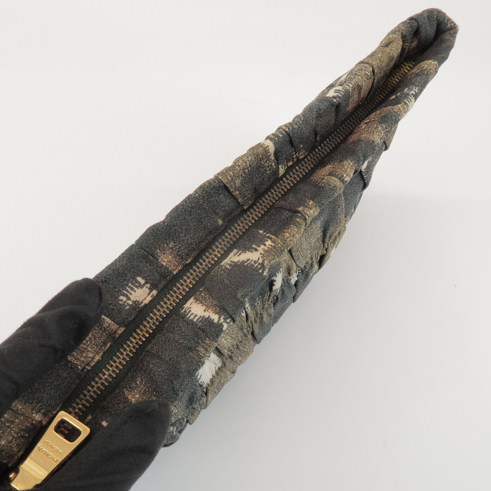 PRADA Logo Canvas Camouflage Gathered Design Clutch Bag Khaki Black