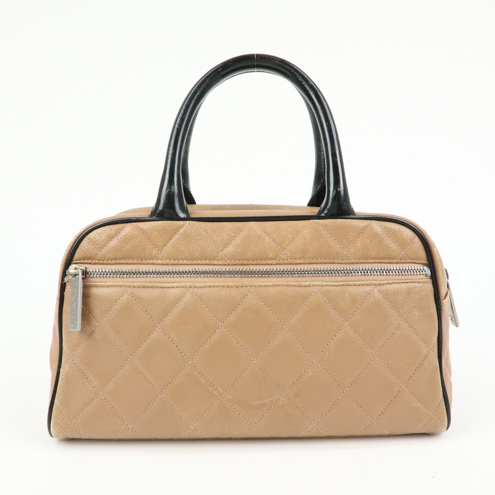 CHANEL Caviarskin Patent Leather Mini Boston Hand Bag Brown Black