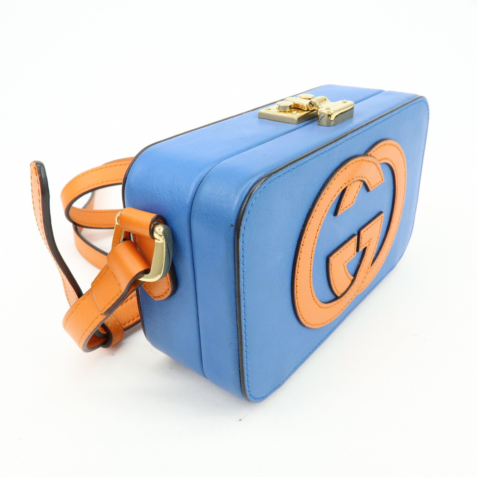 GUCCI Logo Interlocking G Leather Shoulder Bag Blue Orange 658230