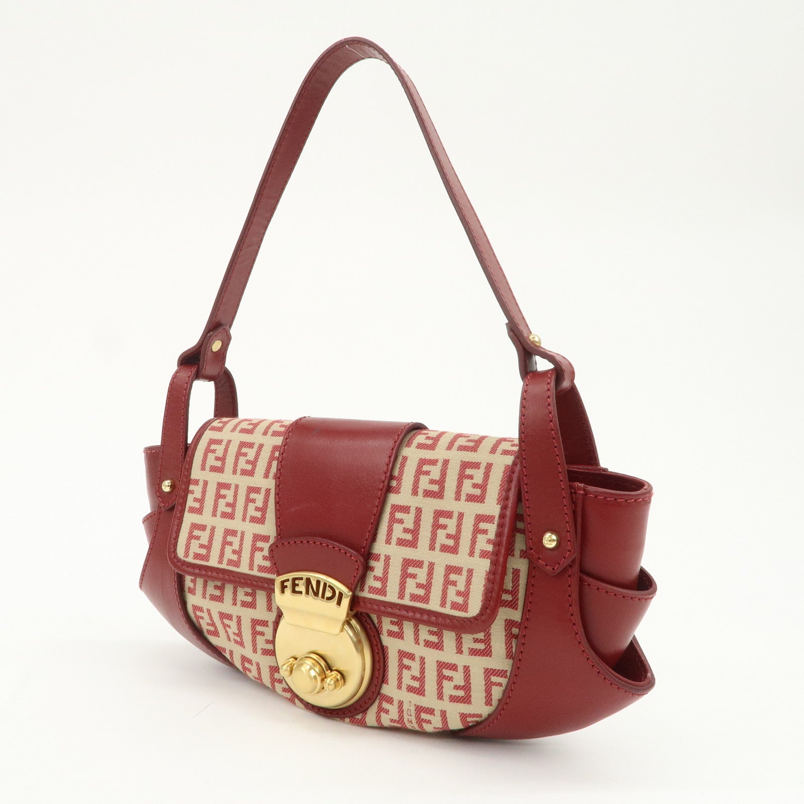 FENDI Zucchino Canvas Leather Turn Lock Shoulder Bag Red 8BR429