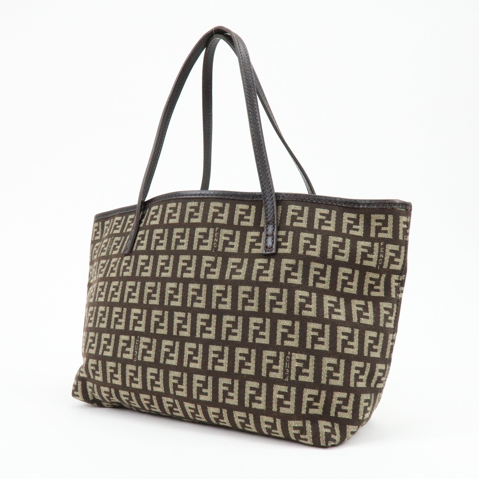 FENDI Zucchino Canvas Leather Tote Bag Shoulder Bag Brown 8BH075