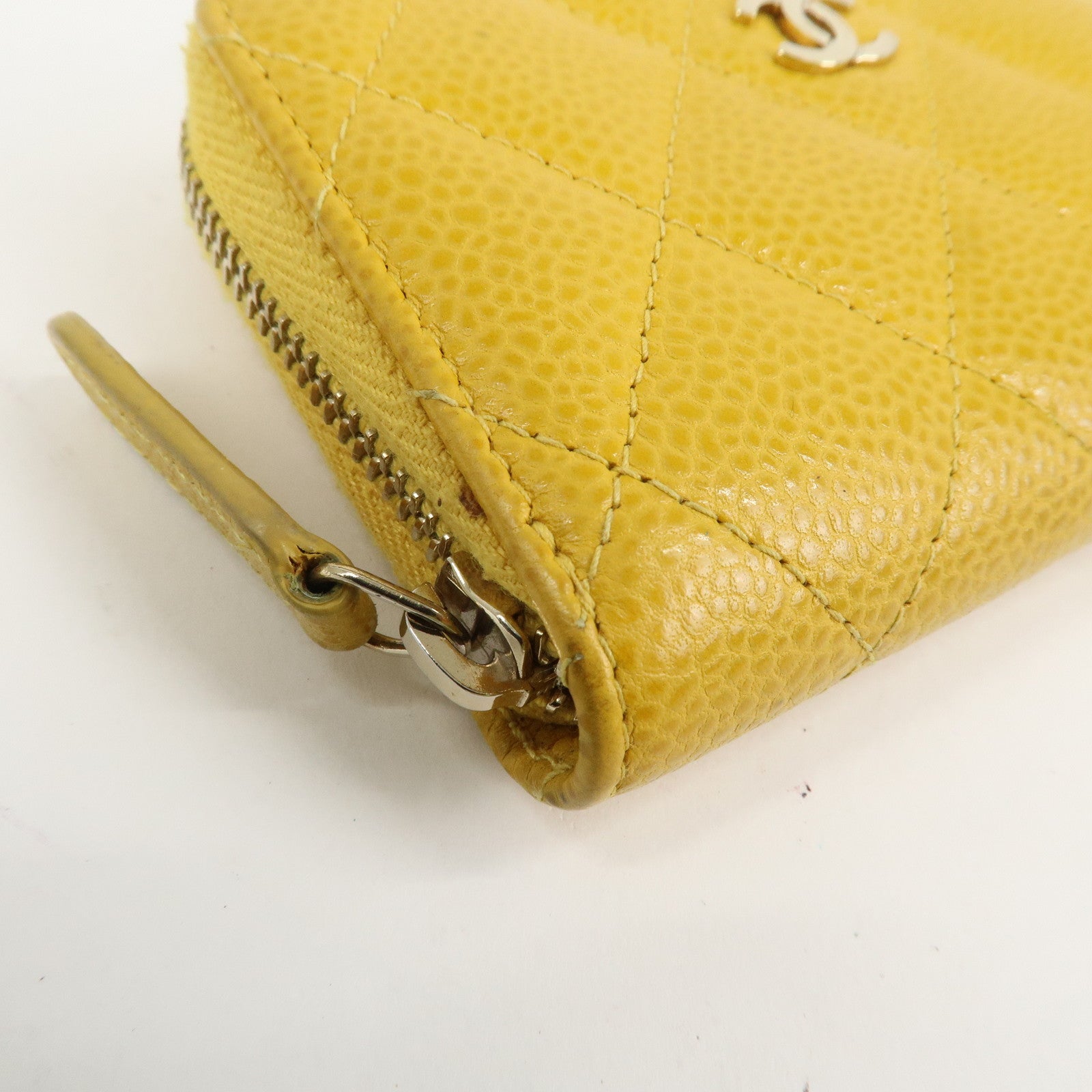 CHANEL Matelasse Caviar Skin Round Zippy Coin Case Yellow A84511 Used