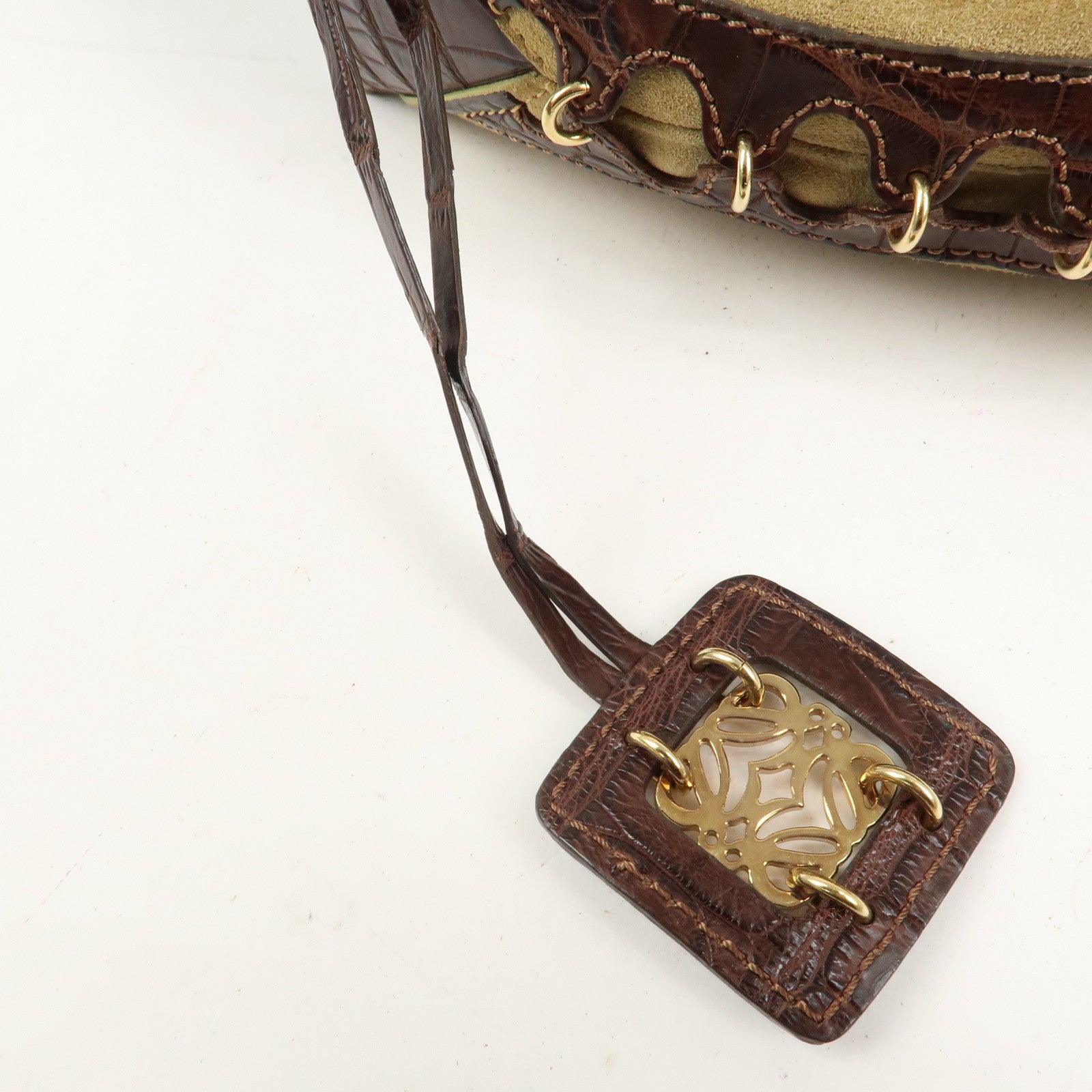 LOEWE Anagram Suede Embossed Leather Shoulder Bag Hand Bag Beige