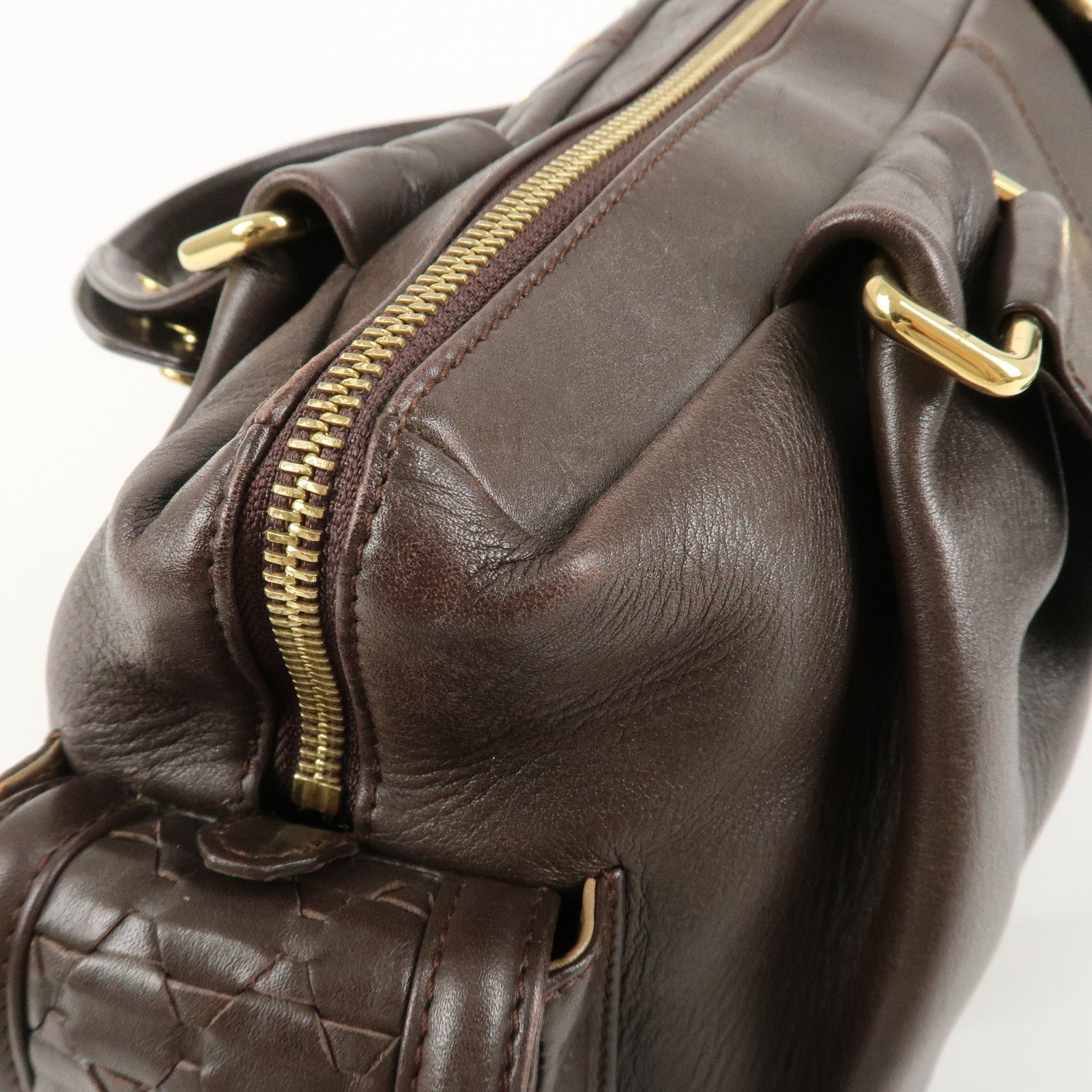 BVLGARI Leoni Leather Hand Bag Boston Bag Brown Gold Hardware Used