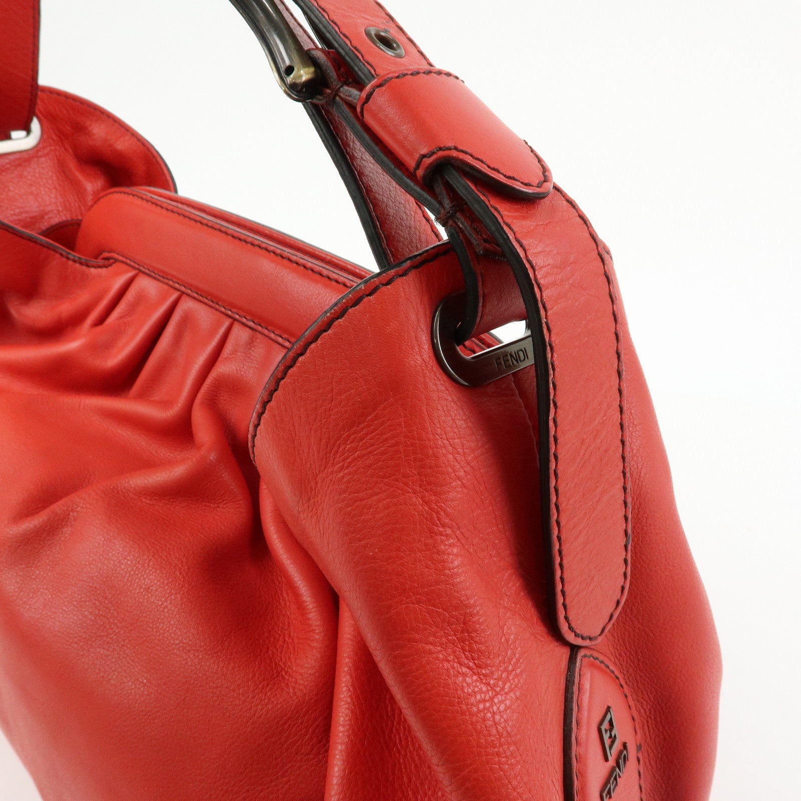 FENDI Logo Leather Shoulder Bag Hand Bag Doctor's Bag Red 8BR579
