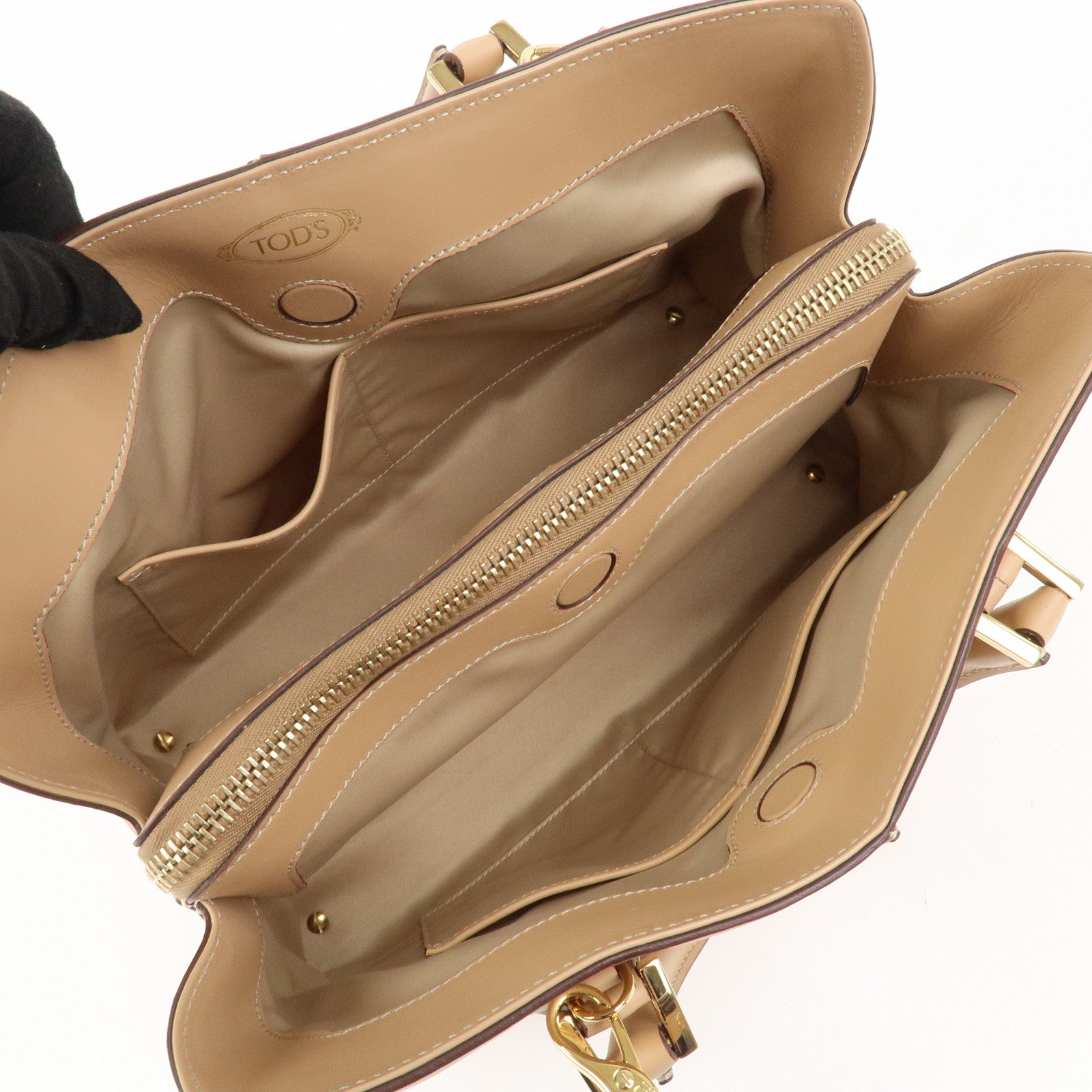 TOD’S Leather 2Way Bag Hand Bag Shoulder Bag Beige Gold