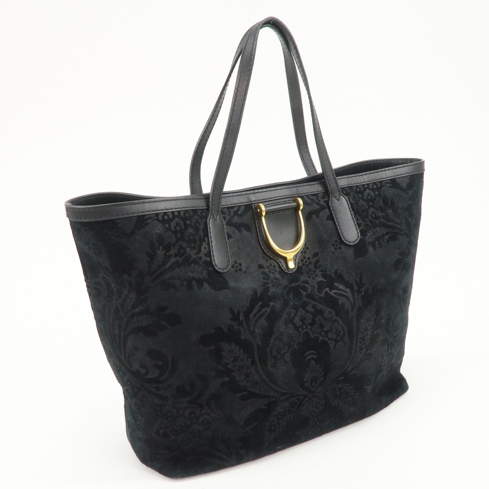 GUCCI Horsebit Logo Suede Leather Tote Bag Hand Bag Black 305585