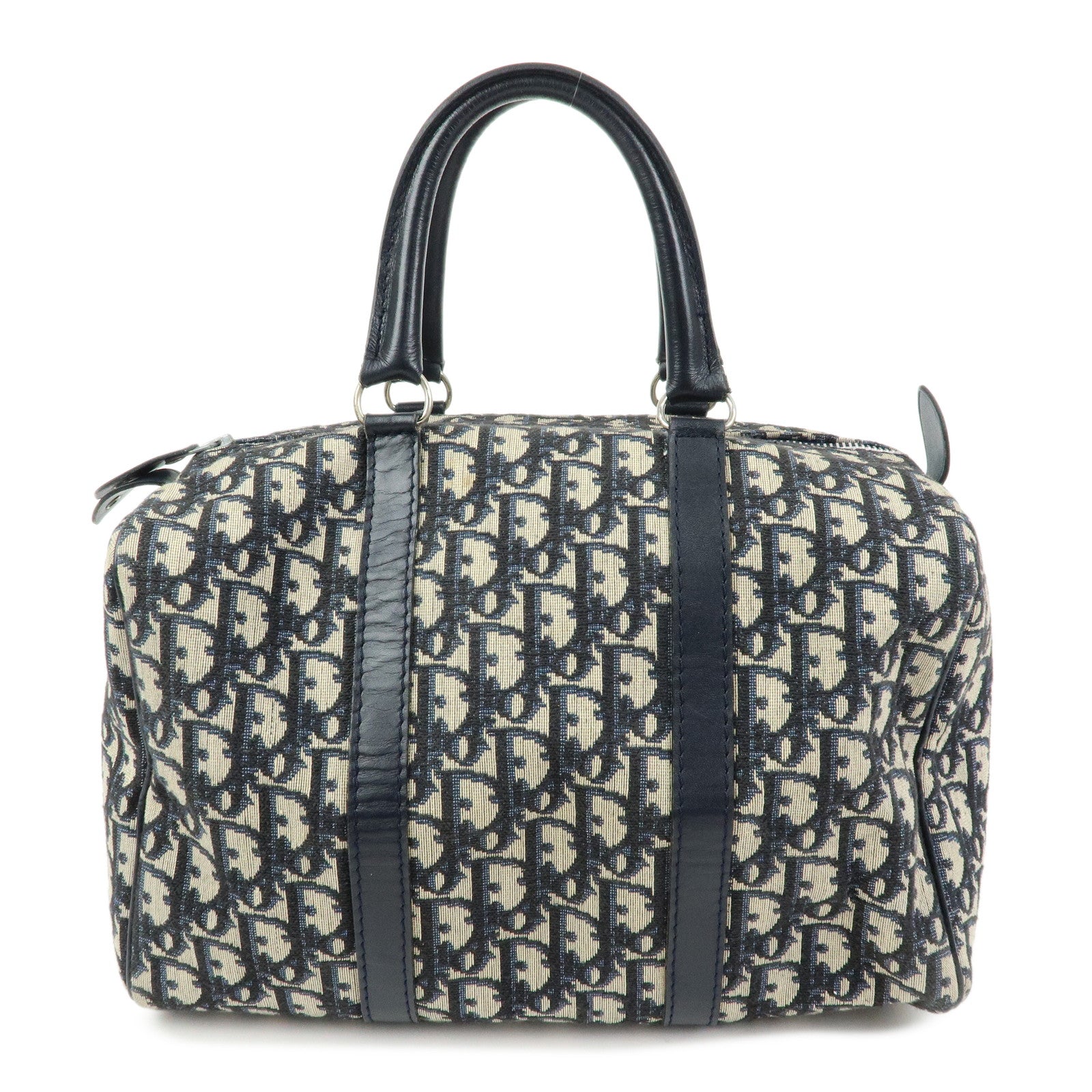 Christian Dior Trotter Jacquard Leather Boston Bag Hand Bag Navy