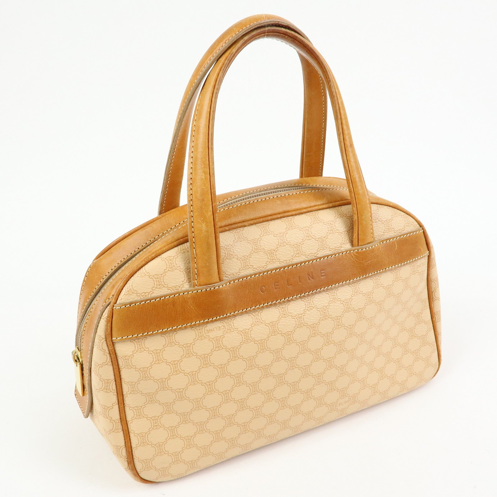 CELINE Macadam PVC Leather Hand Bag Boston Bag Beige Camel