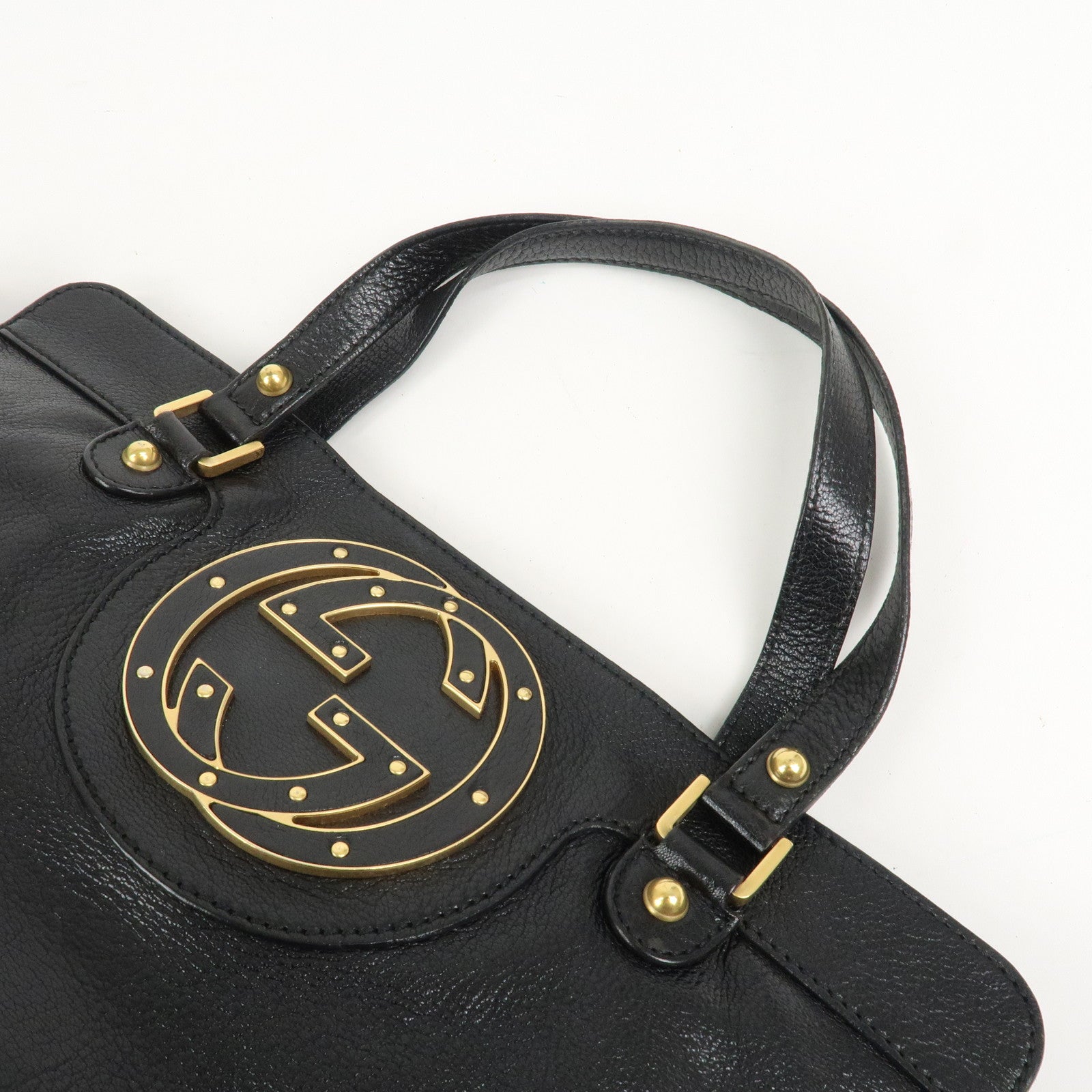 GUCCI Interlocking G Leather Blondie Studs Hand Bag Black 121551