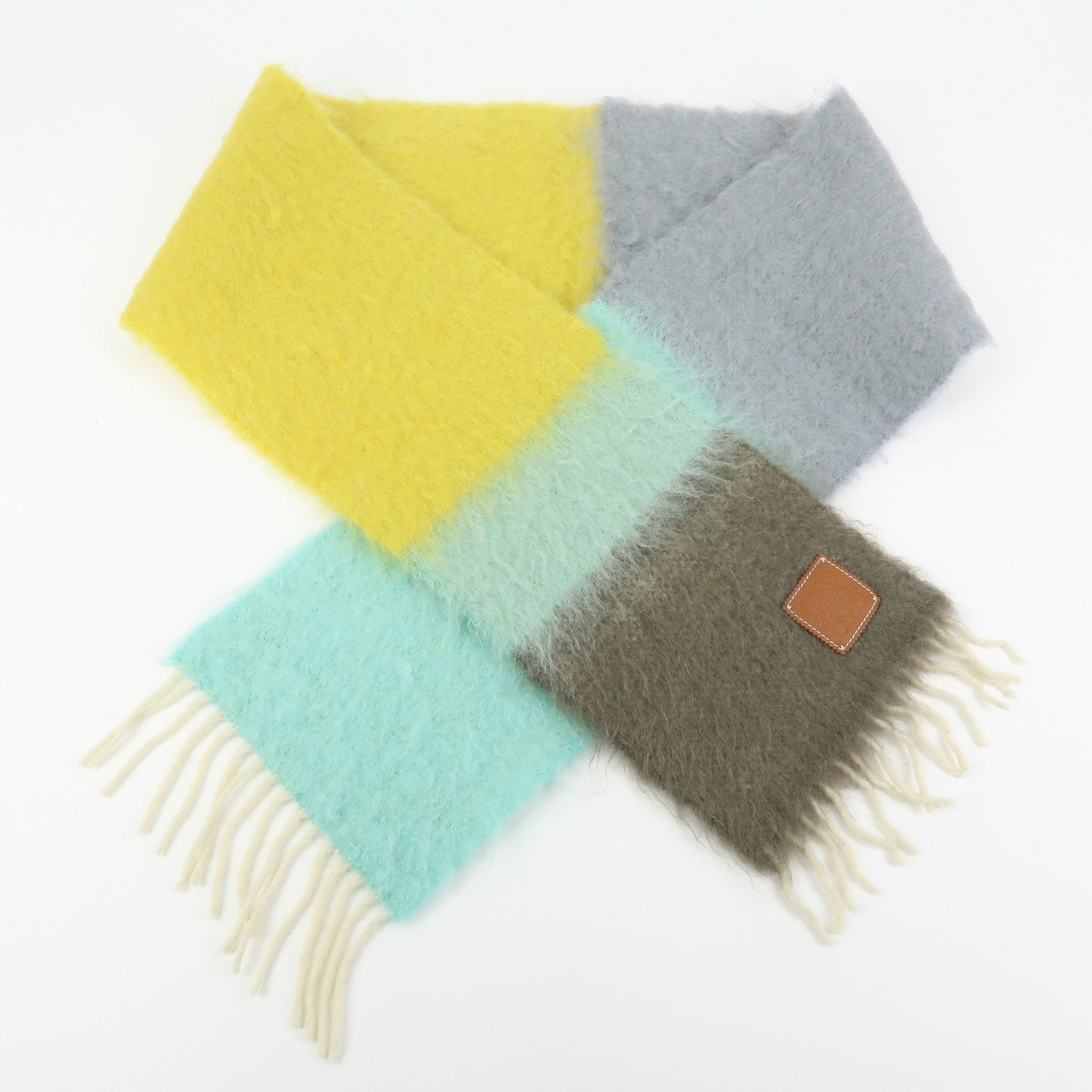 LOEWE Anagram Wool Mohair Nylon Scarf Shawl Yellow Gray Light Blue