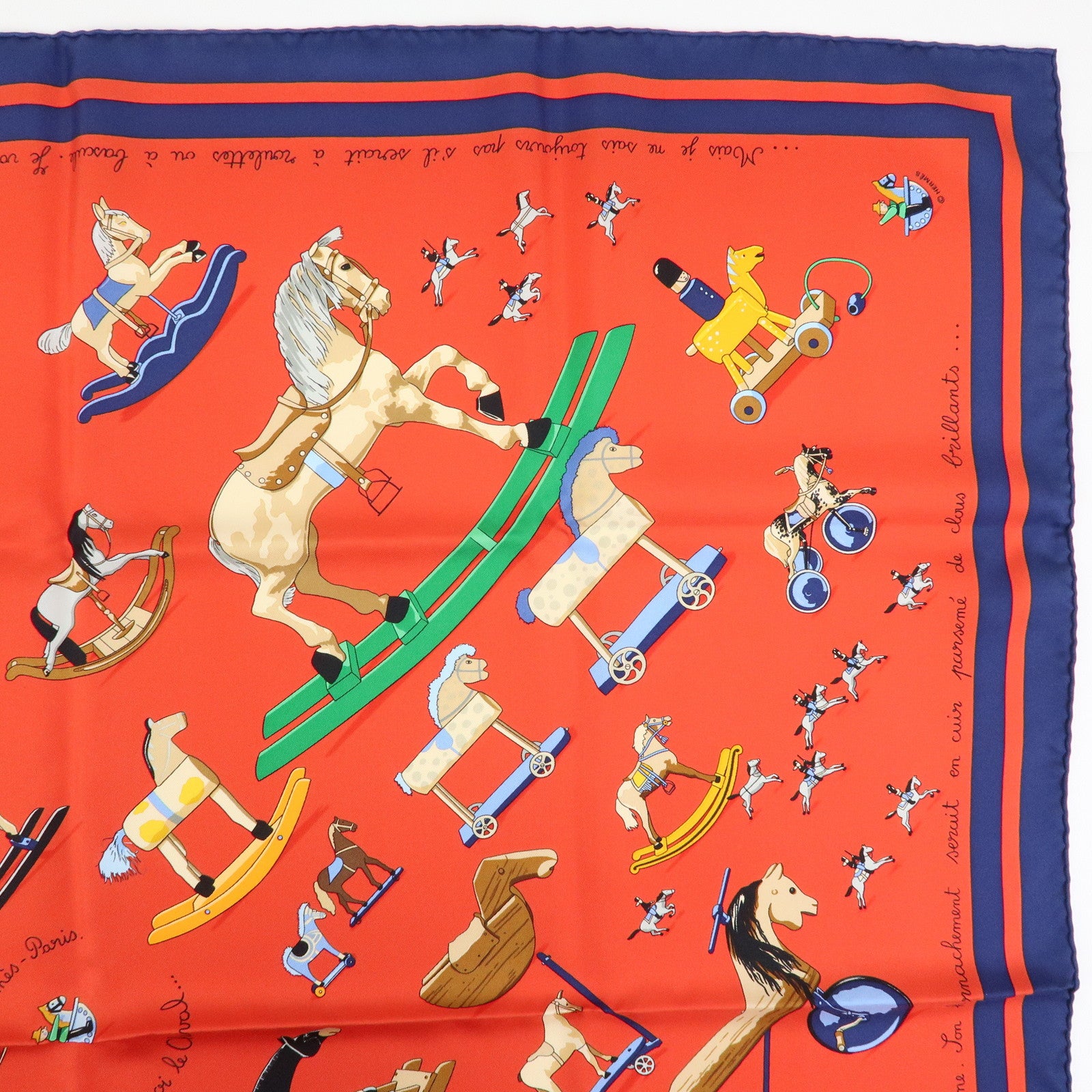 HERMES Carre 90 Silk 100% Scarf Raconte moi le cheval Red Navy