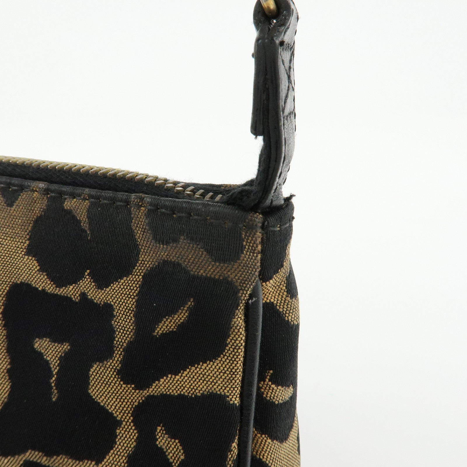 FENDI Canvas Leather Leopard Chain Hand Bag Brown Black 8M0264