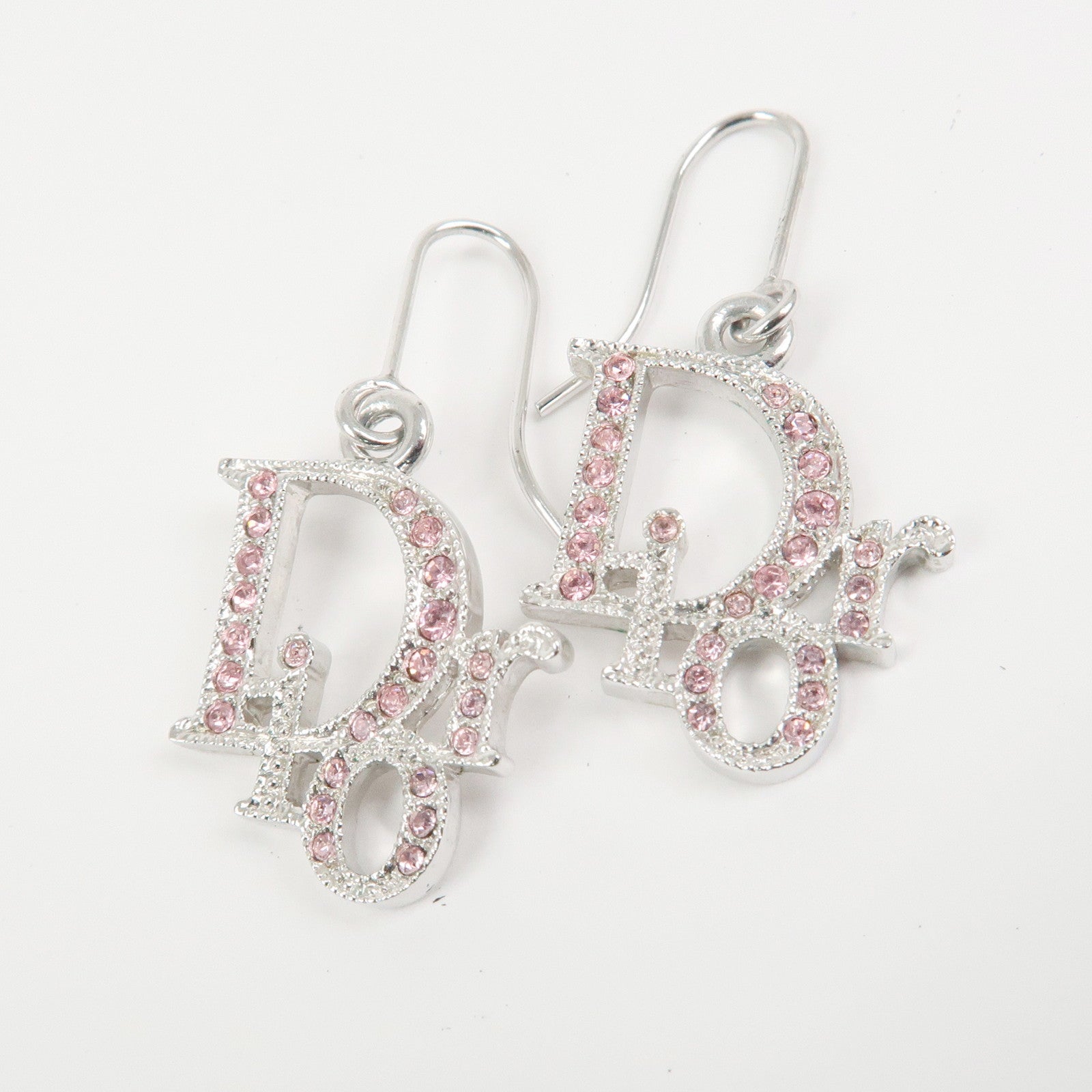 Christian Dior Logo Earrings Metal Silver Pink Crystals