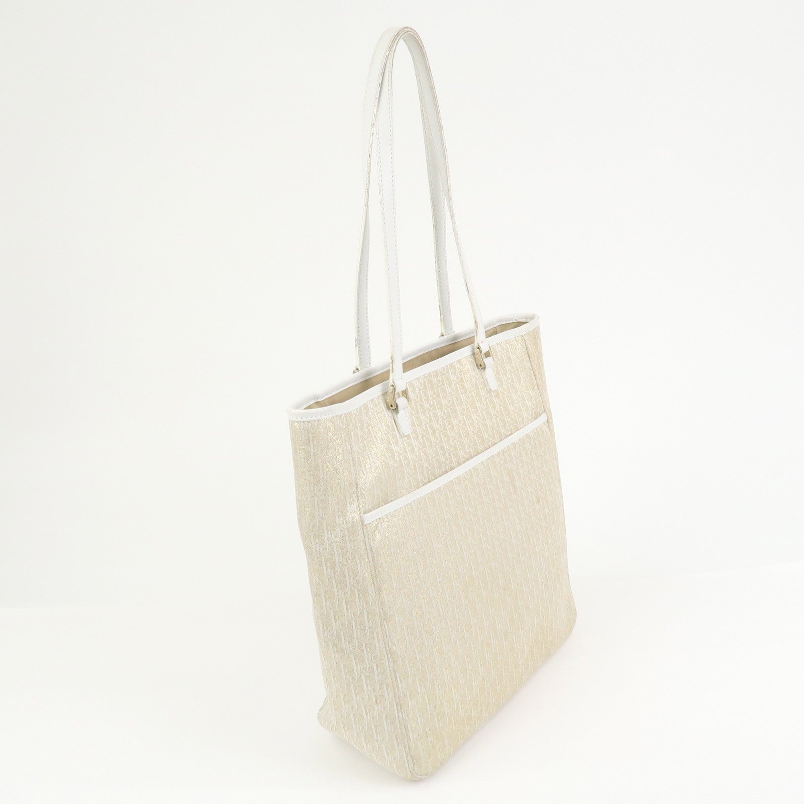 Christian Dior Trotter Canvas Leather Tote Bag Gold White 05RU0034