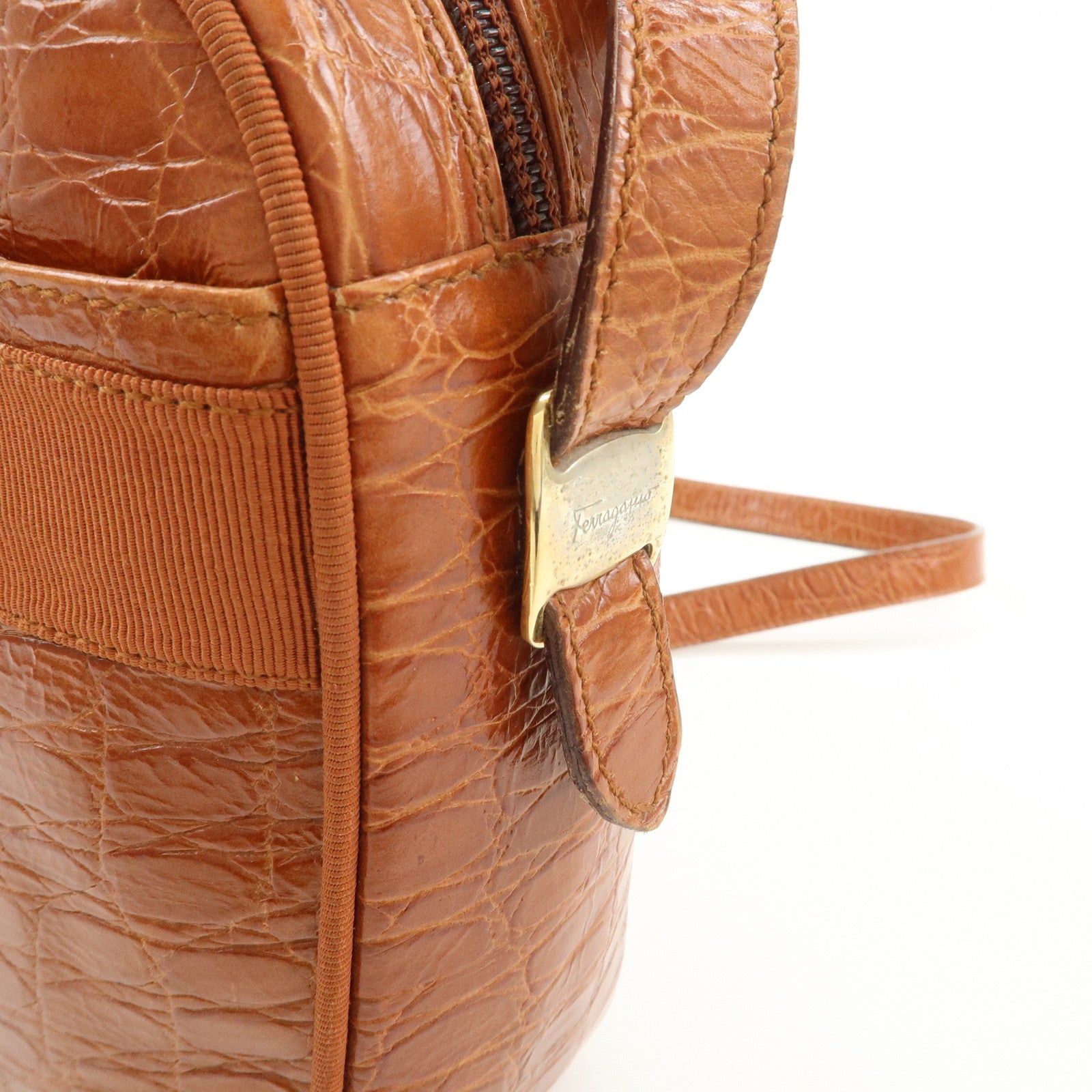 Ferragamo Vara Emboss Leather Shoulder Bag Crossbody Bag Brown