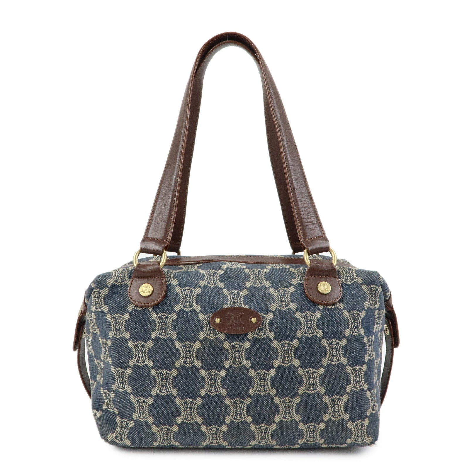 CELINE Macadam Denim Leather Shoulder Bag Hand Bag Blue Brown