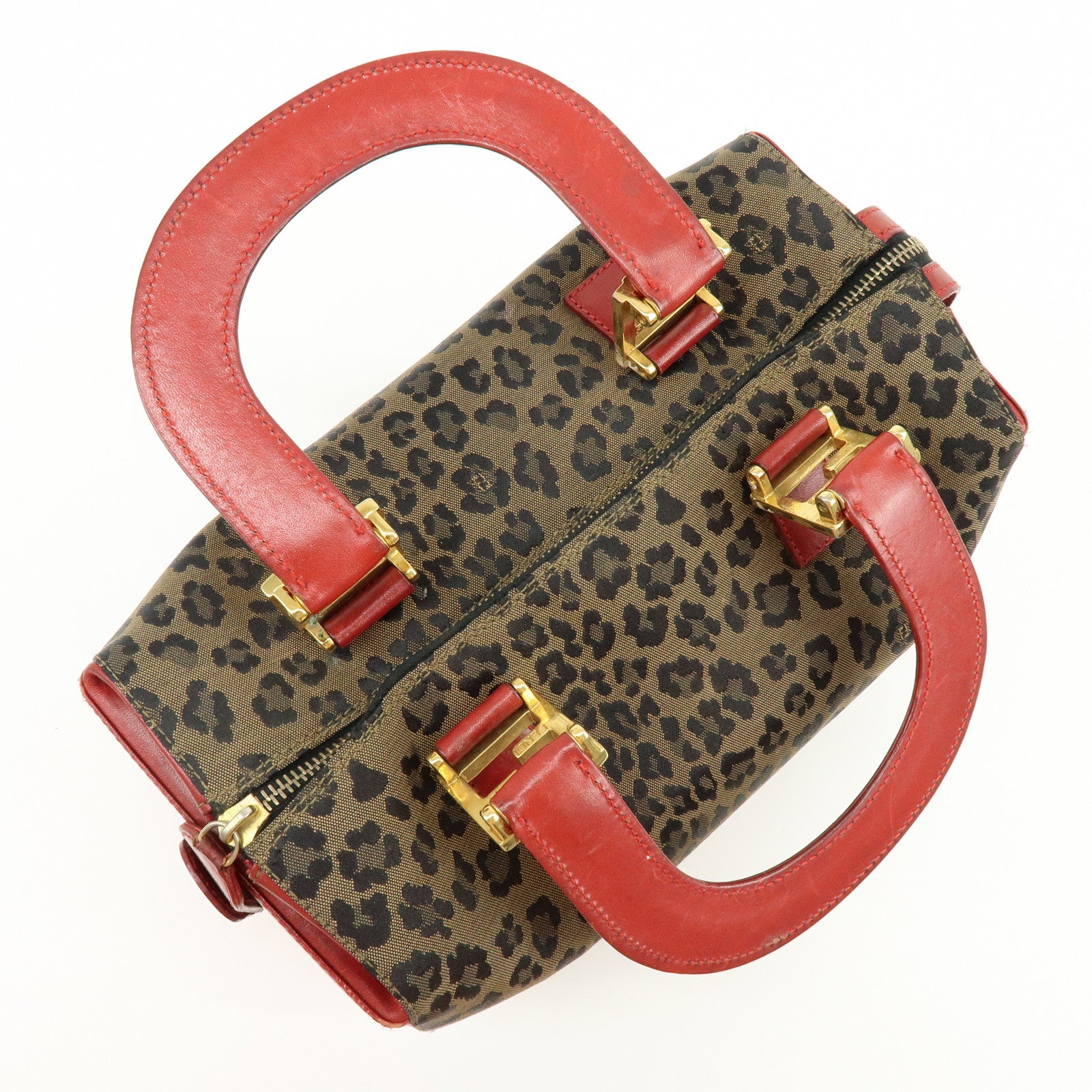 FENDI Canvas Leather Hand Bag Boston Bag Leopard Brown Red