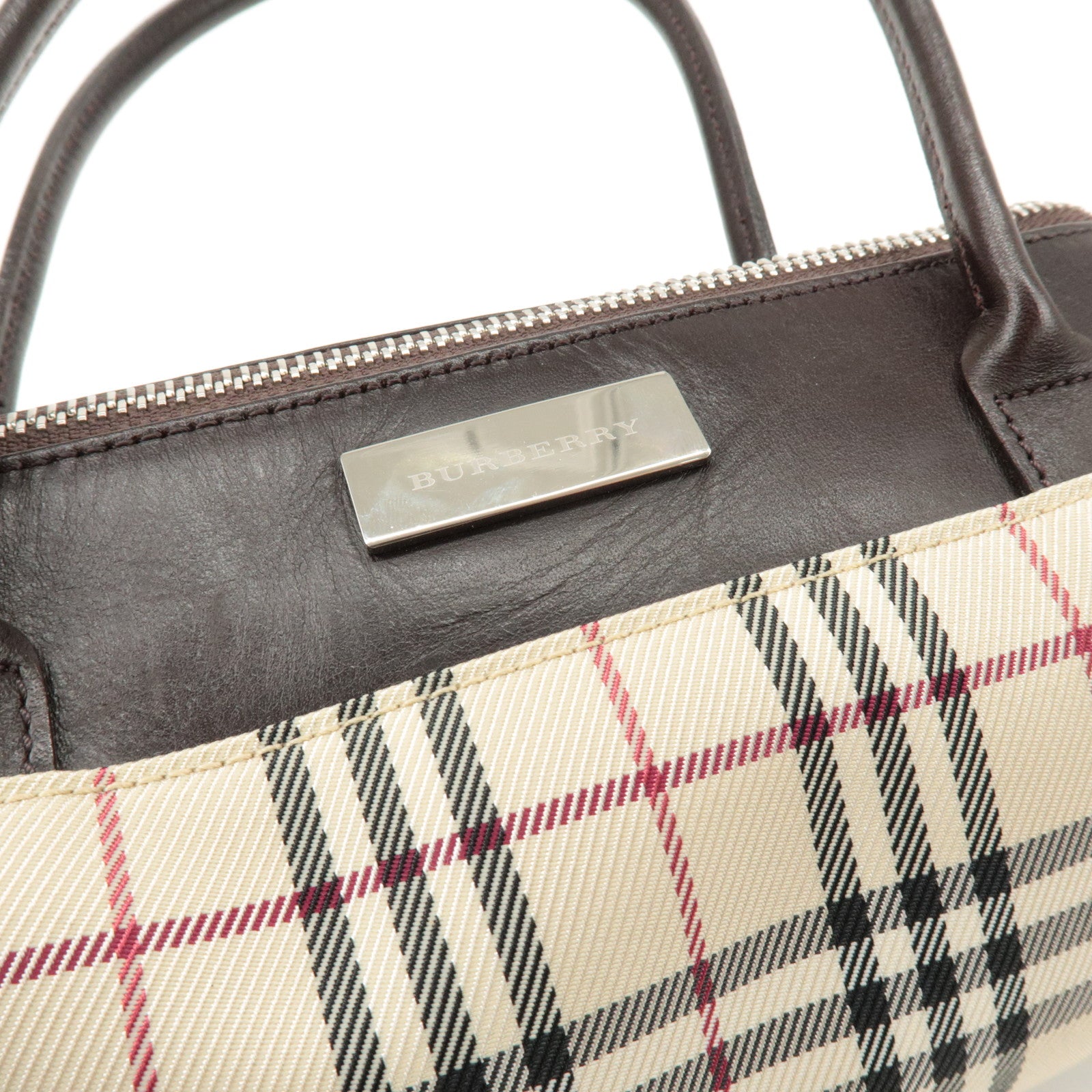 BURBERRY Leather Canvas Hand Bag Nova Plaid Beige Brown Used