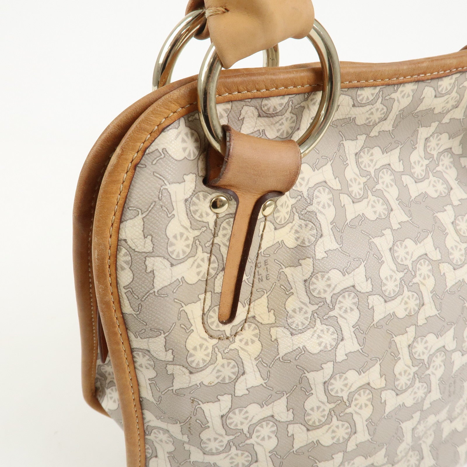CELINE Logo Leather Hand Bag Shoulder Bag Gray Light Brown