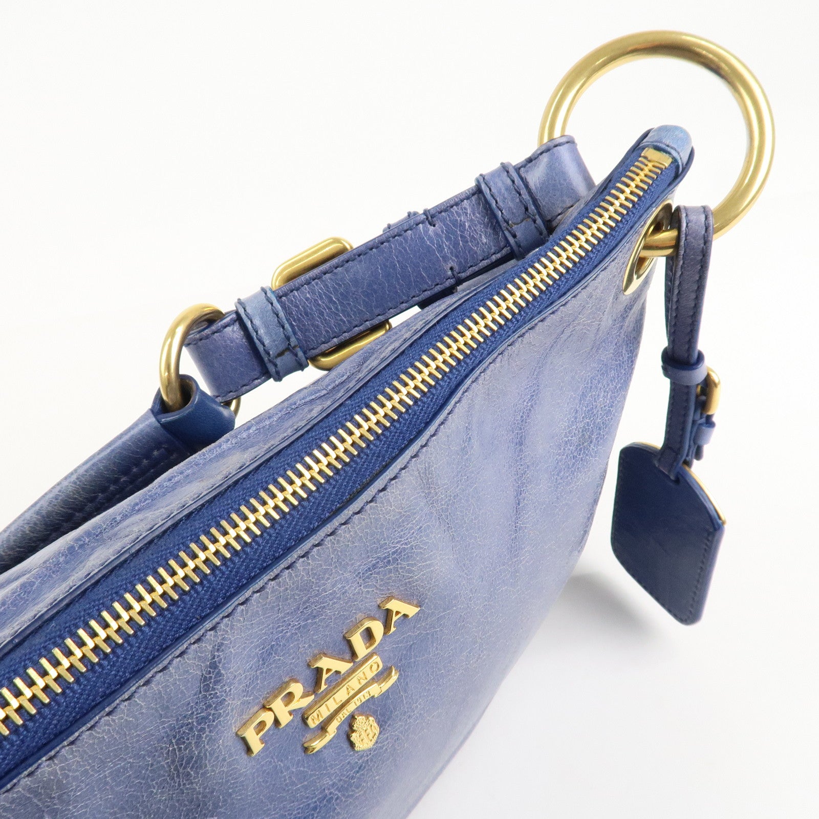 PRADA Leather Shoulder Bag Hand Bag Blue BR4984 Used