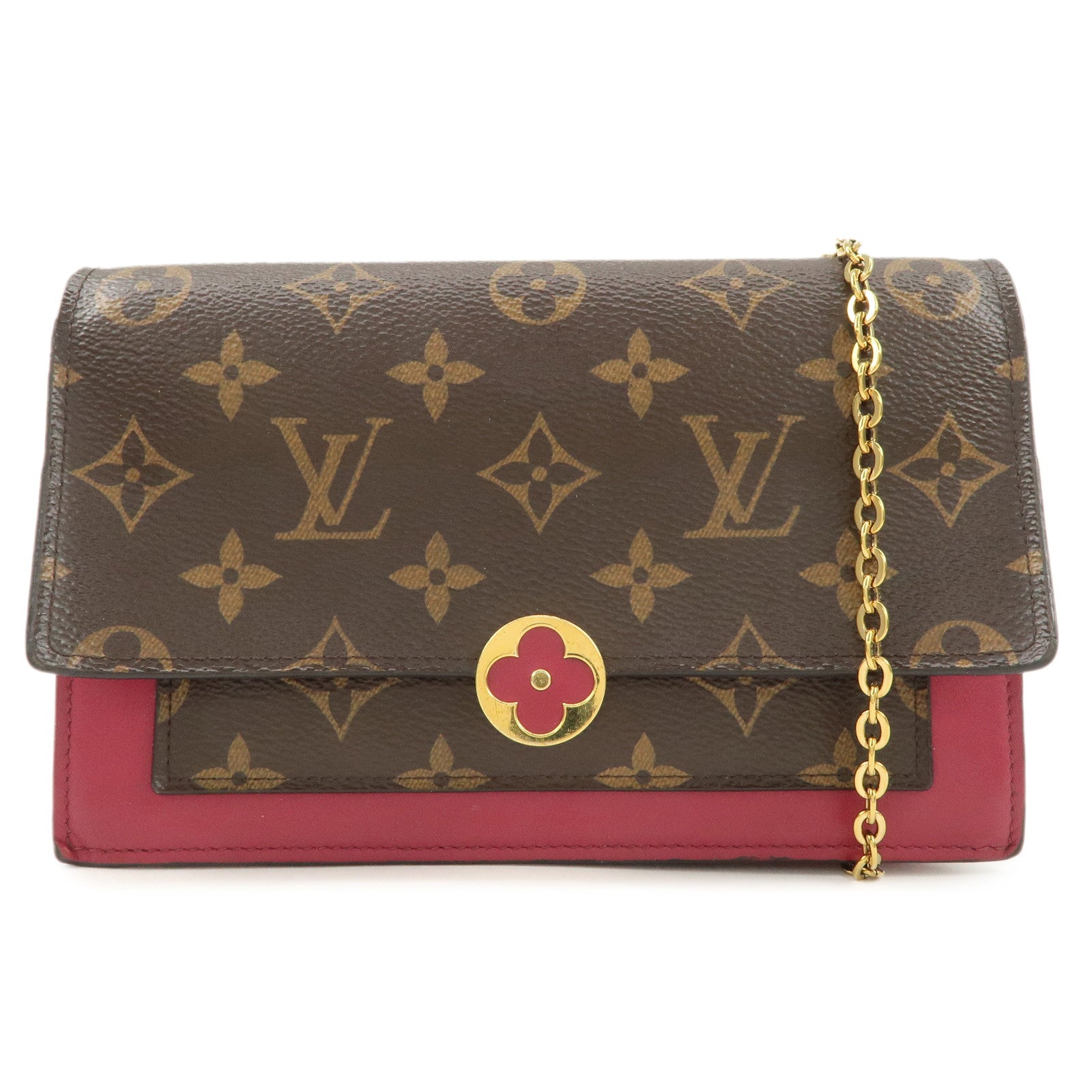 Louis Vuitton Monogram Leather Portefeuille Flore Chain Wallet Brown Pink M69578 Used