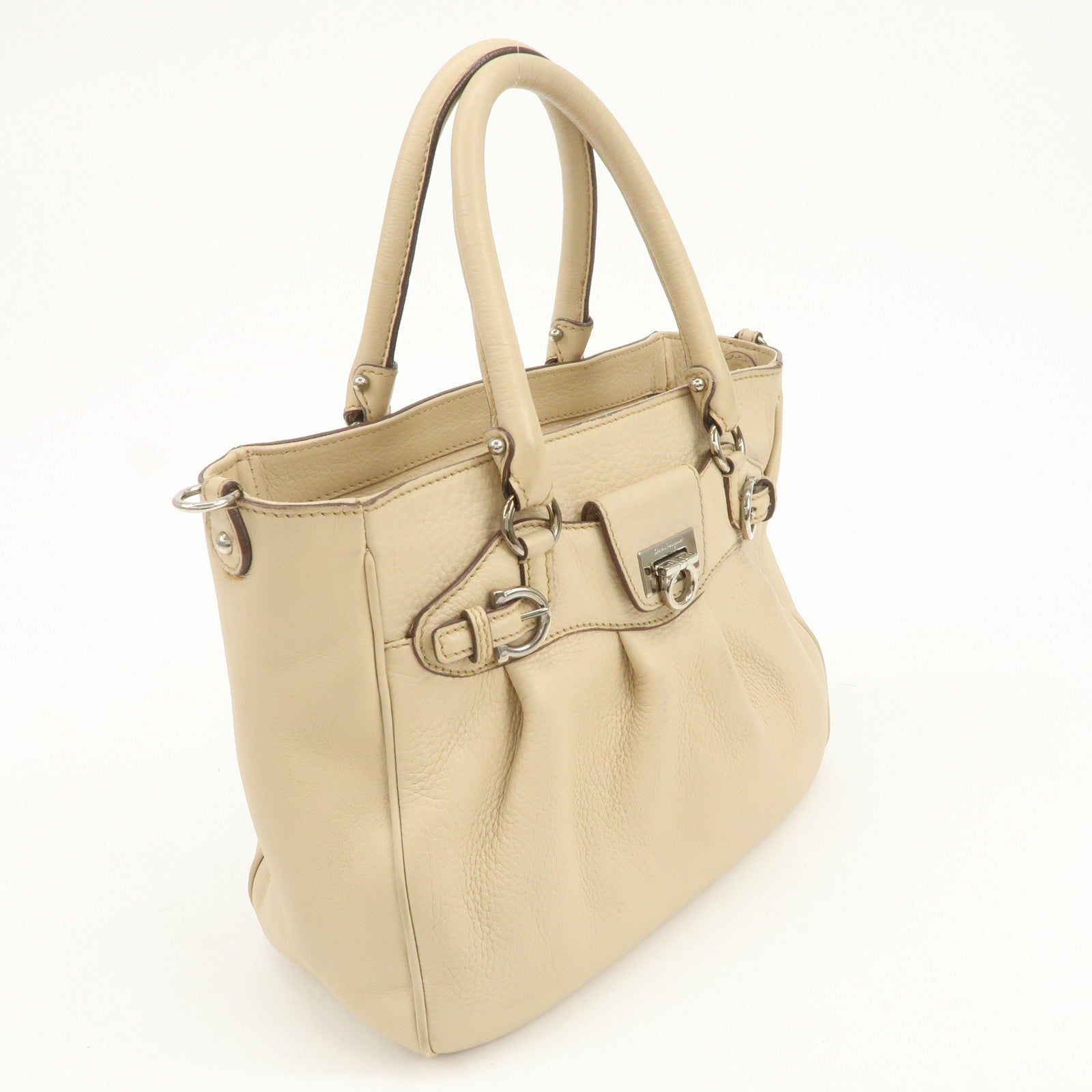 Ferragamo Gancini Leather 2Way Bag Hand Bag Shoulder Bag Beige
