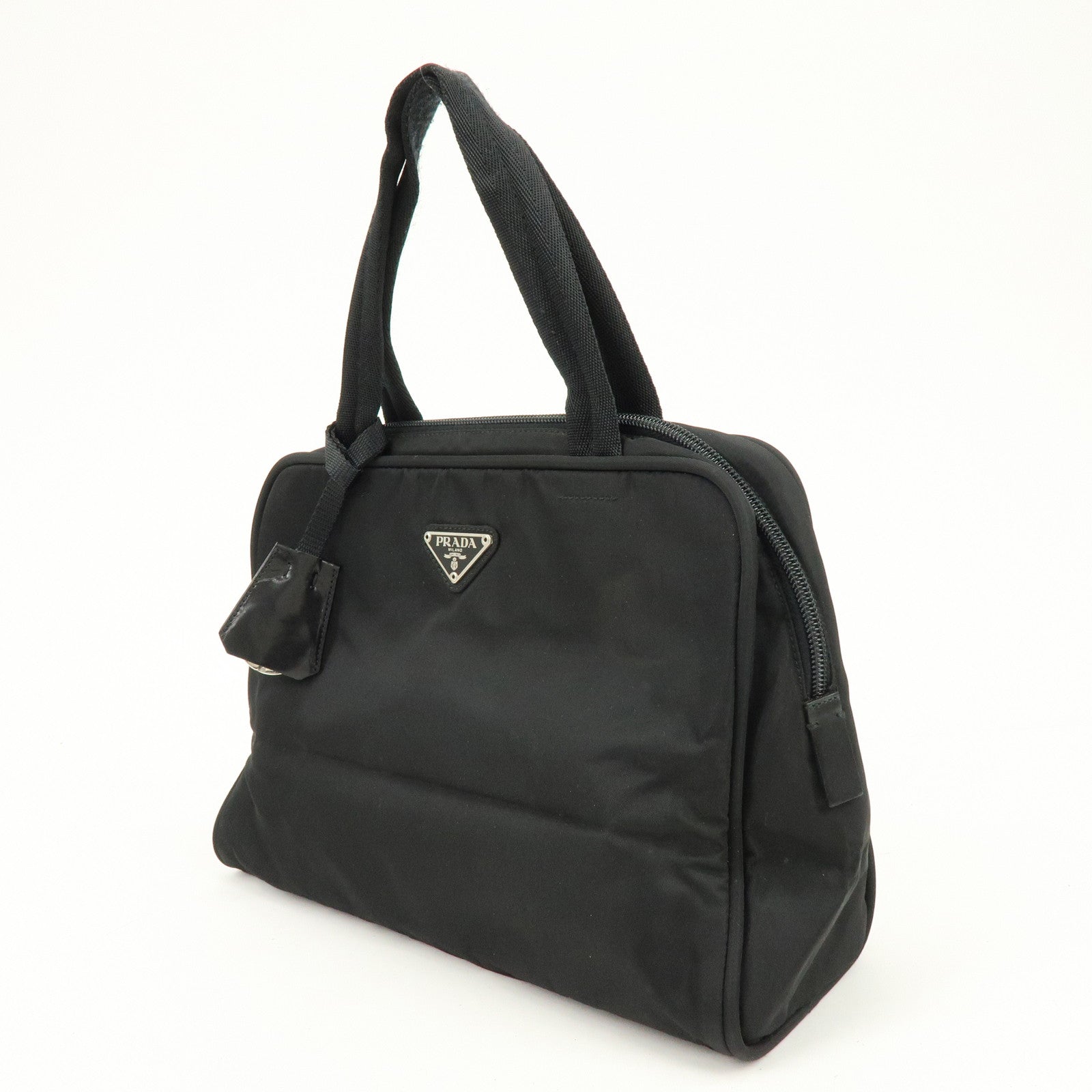 PRADA Triangle Logo Nylon Leather Hand Bag Tote Bag Black B8495