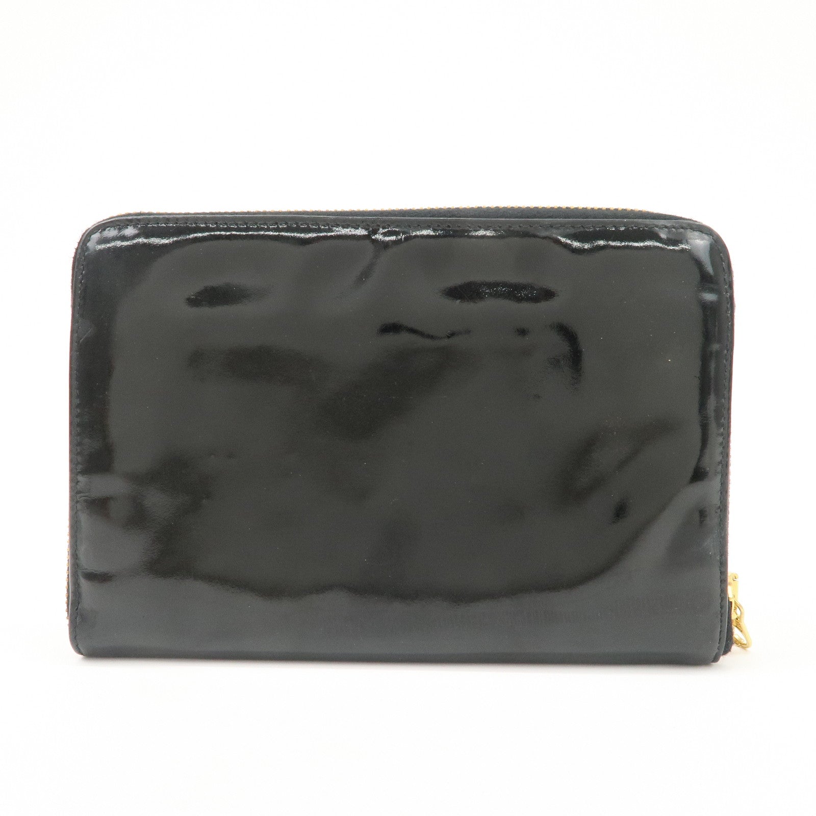 CHANEL Patent Leather Round Zippy Long Wallet Black Used