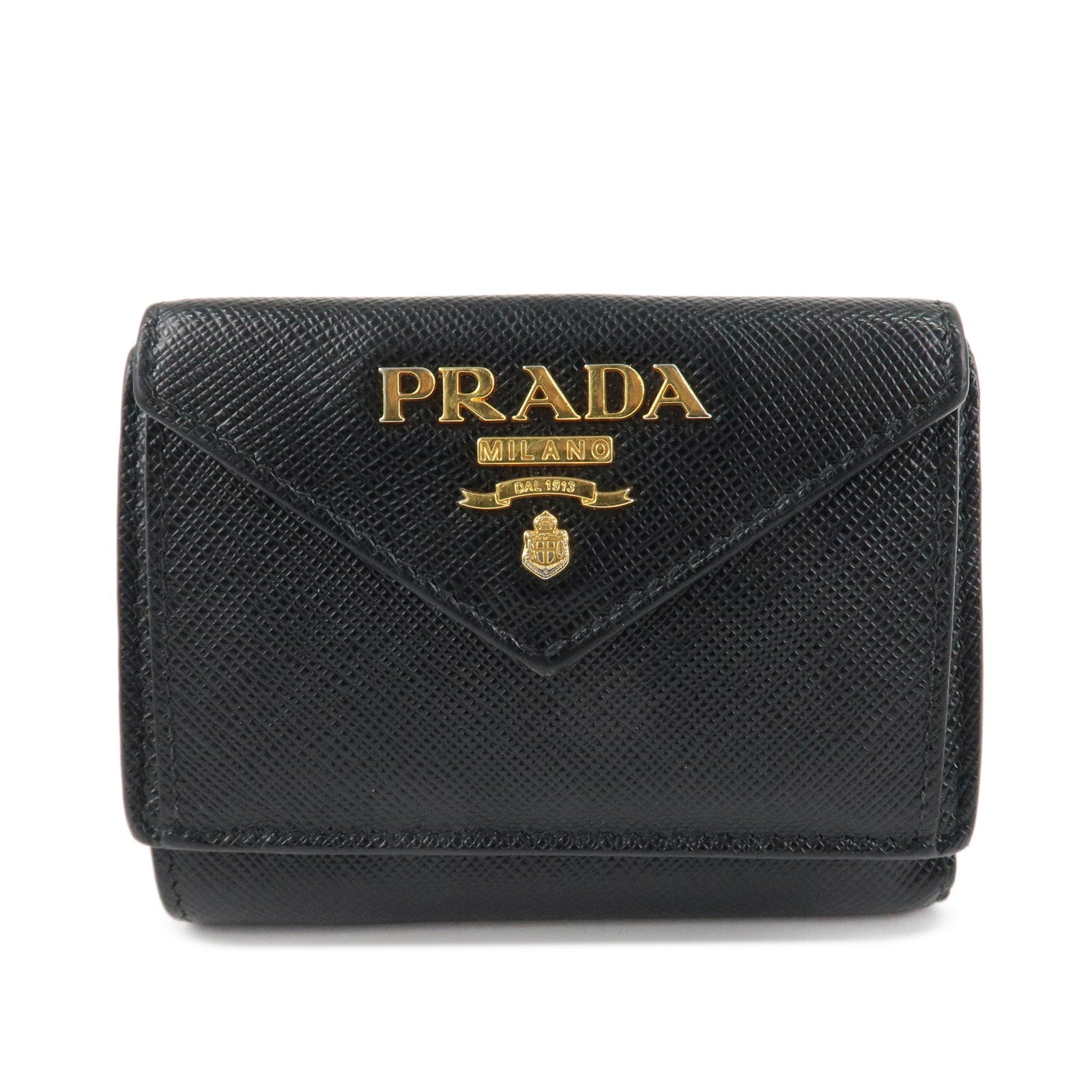 PRADA Saffiano Leather Tri-fold Wallet Black Gold Hardware 1MH021 Used