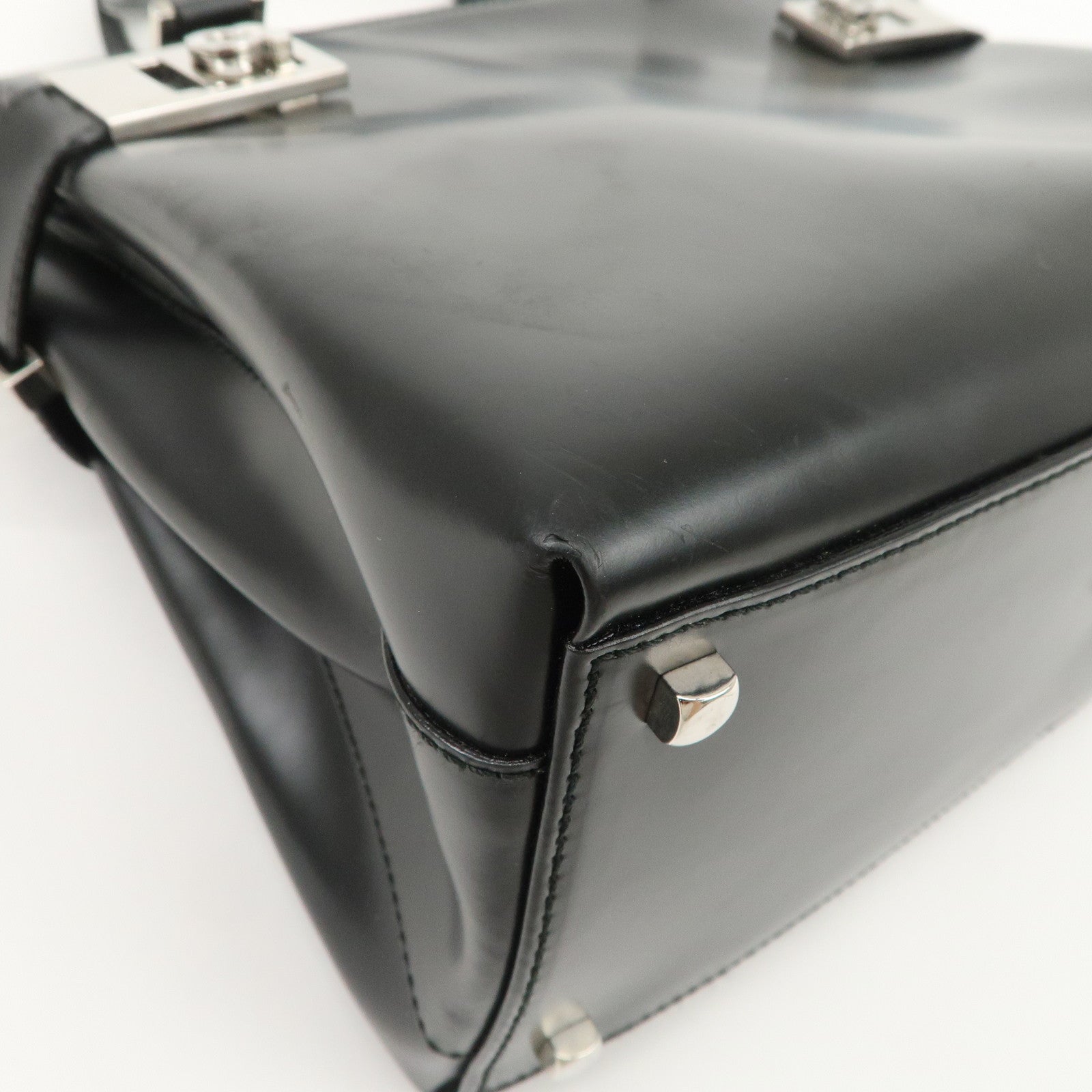 Ferragamo Gancini Leather 2Way Hand Bag Shoulder Bag Black Used