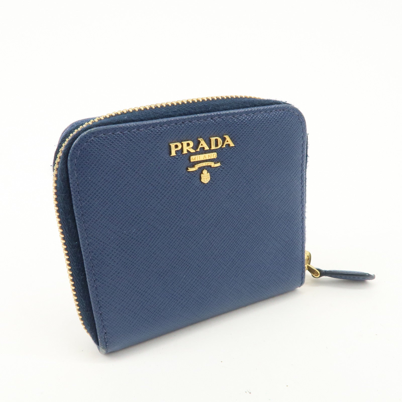 PRADA Logo Leather Round Zippy Bi-fold Wallet Blue 1ML522 Used