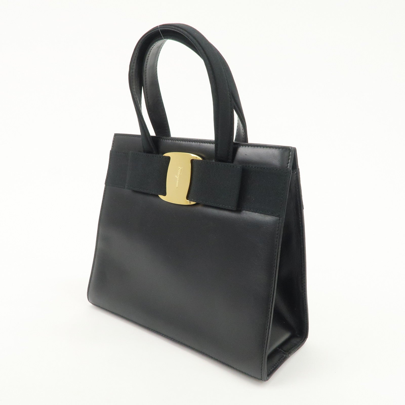 Ferragamo Gancini Leather 2Way Bag Hand Bag Shoulder Bag Black