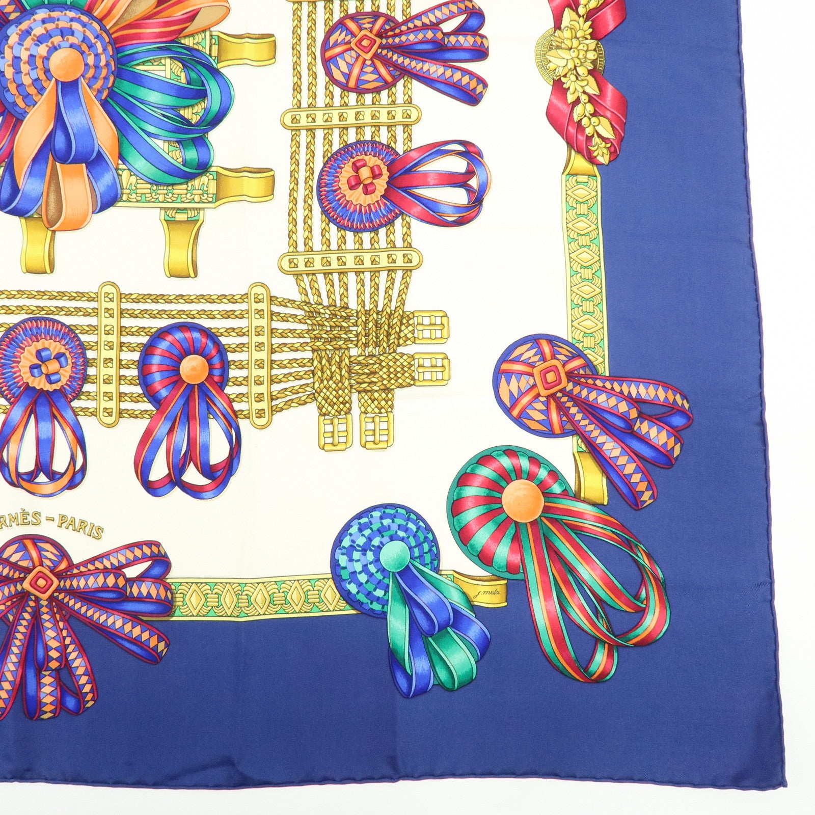 HERMES Carre 90 Silk 100% LES RUBANS DU CHEVAL Scarf Blue White