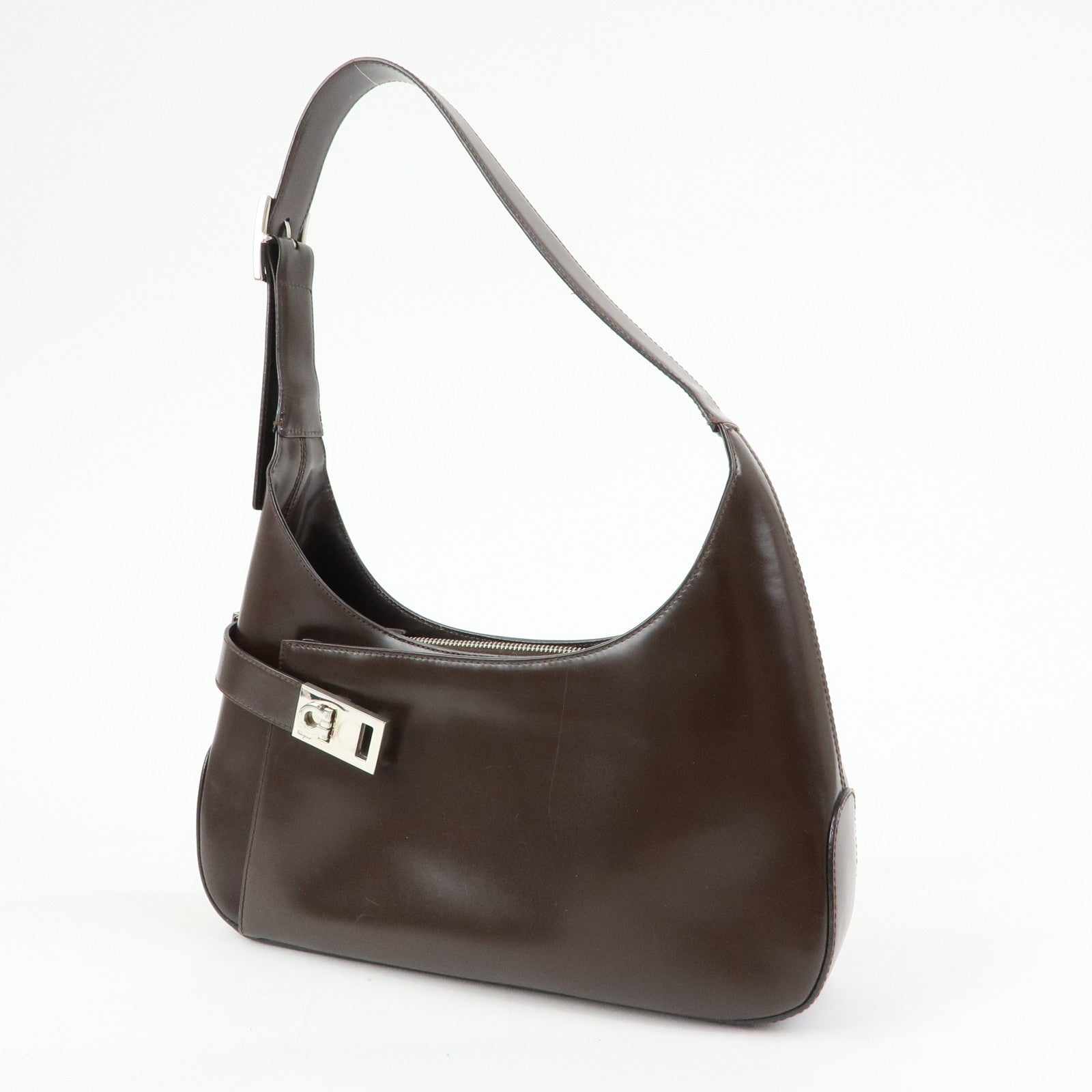 Ferragamo Gancini Leather Shoulder Bag Hand Bag Dark Brown