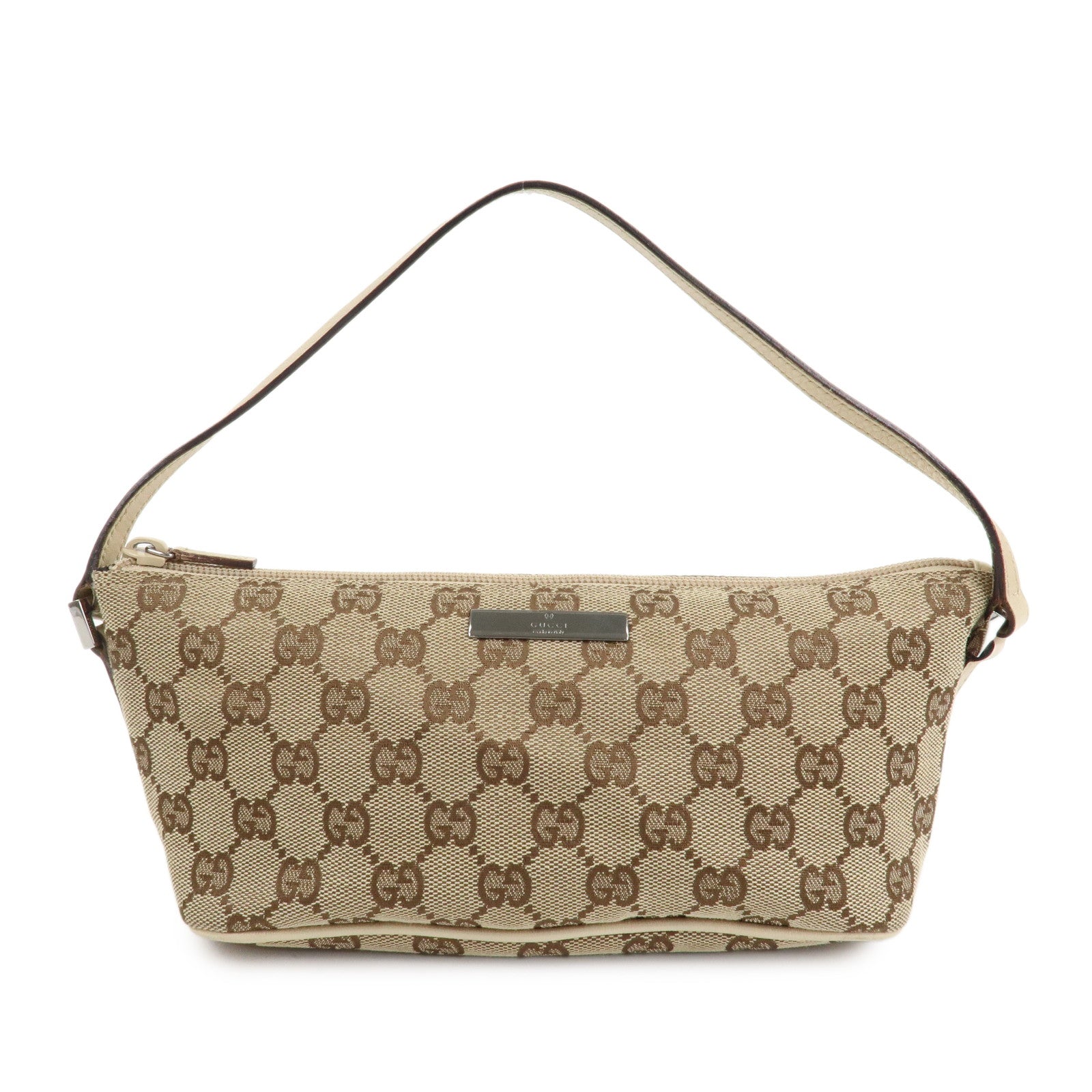 GUCCI Boat Bag GG Canvas Leather Hand Bag Pouch Beige Brown 07198