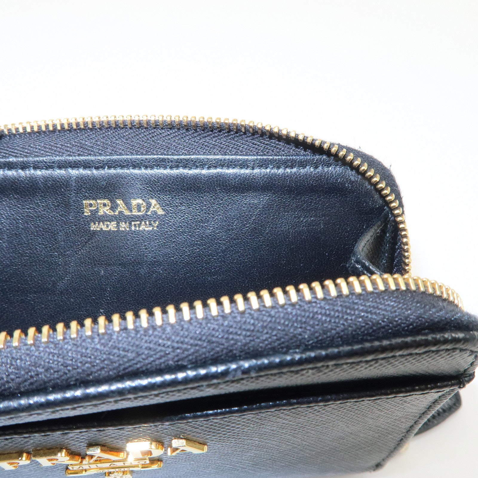 PRADA Triangle Logo Saffiano Leather Mini Wallet Key Ring Black 1PP122 Used
